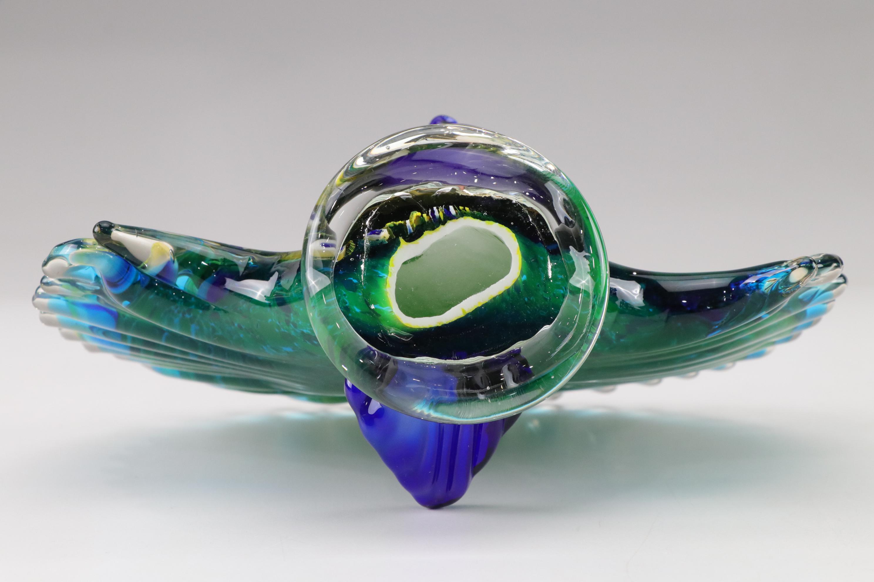 Murano Style Art Glass Peacock Figure With Clear Disk Base