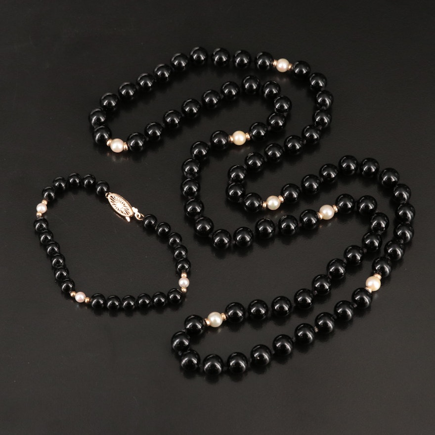 Black Onyx and Pearl Necklace and Bracelet with 14K Accents