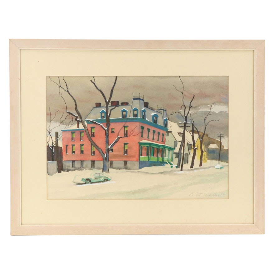 Elmer W. Miller Watercolor Painting of Winter Street Scene, 1956