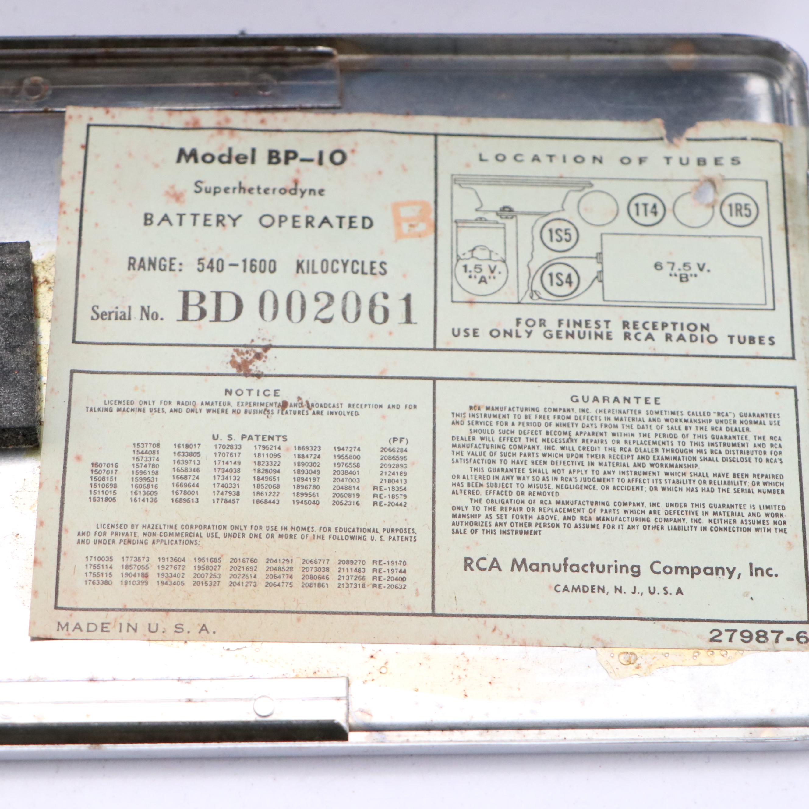 RCA BP-10 Personal Portable Tube Radio, 1940s