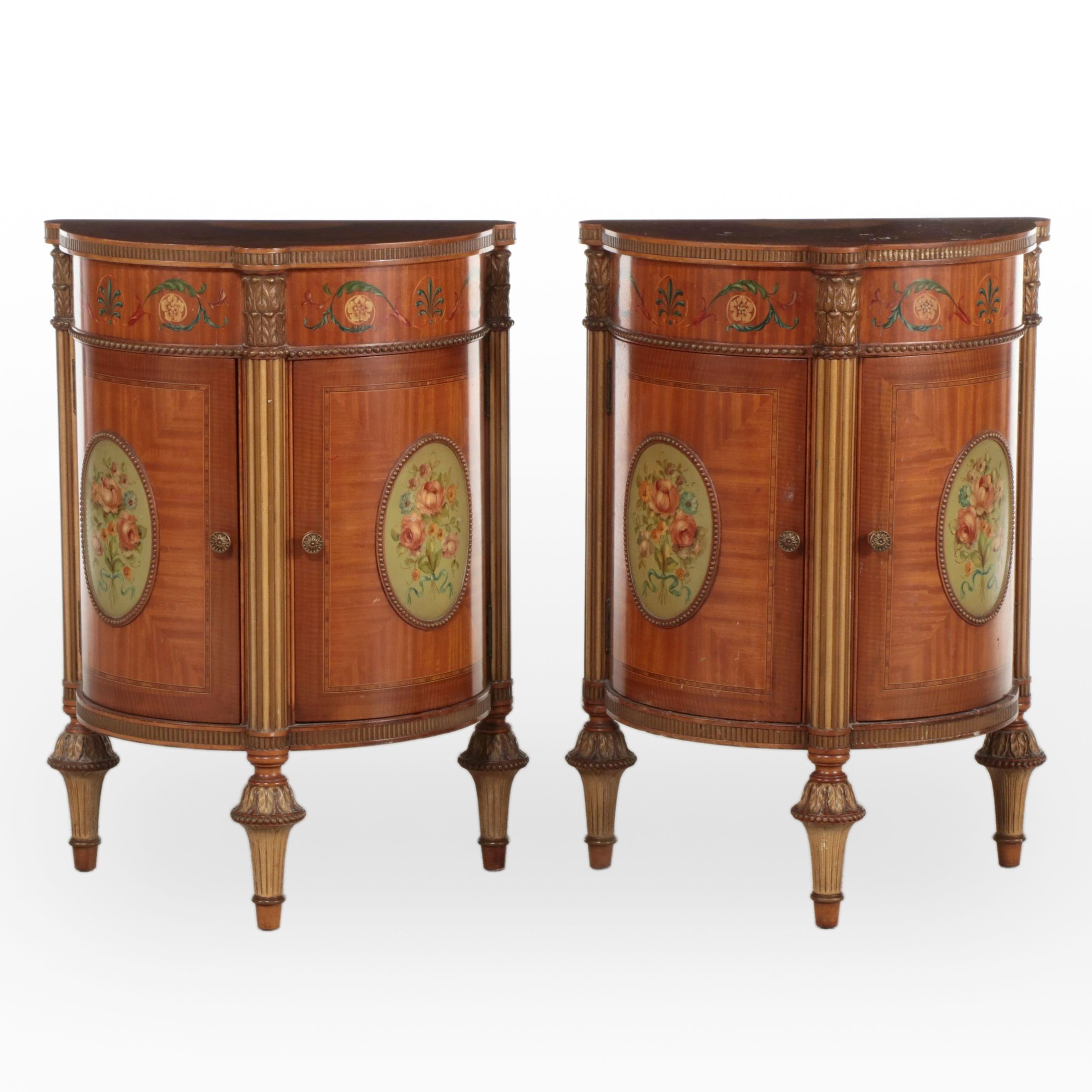 Two Robert W. Irwin Co. Adam Style Satinwood & Paint-Decorated Bedside Cabinets