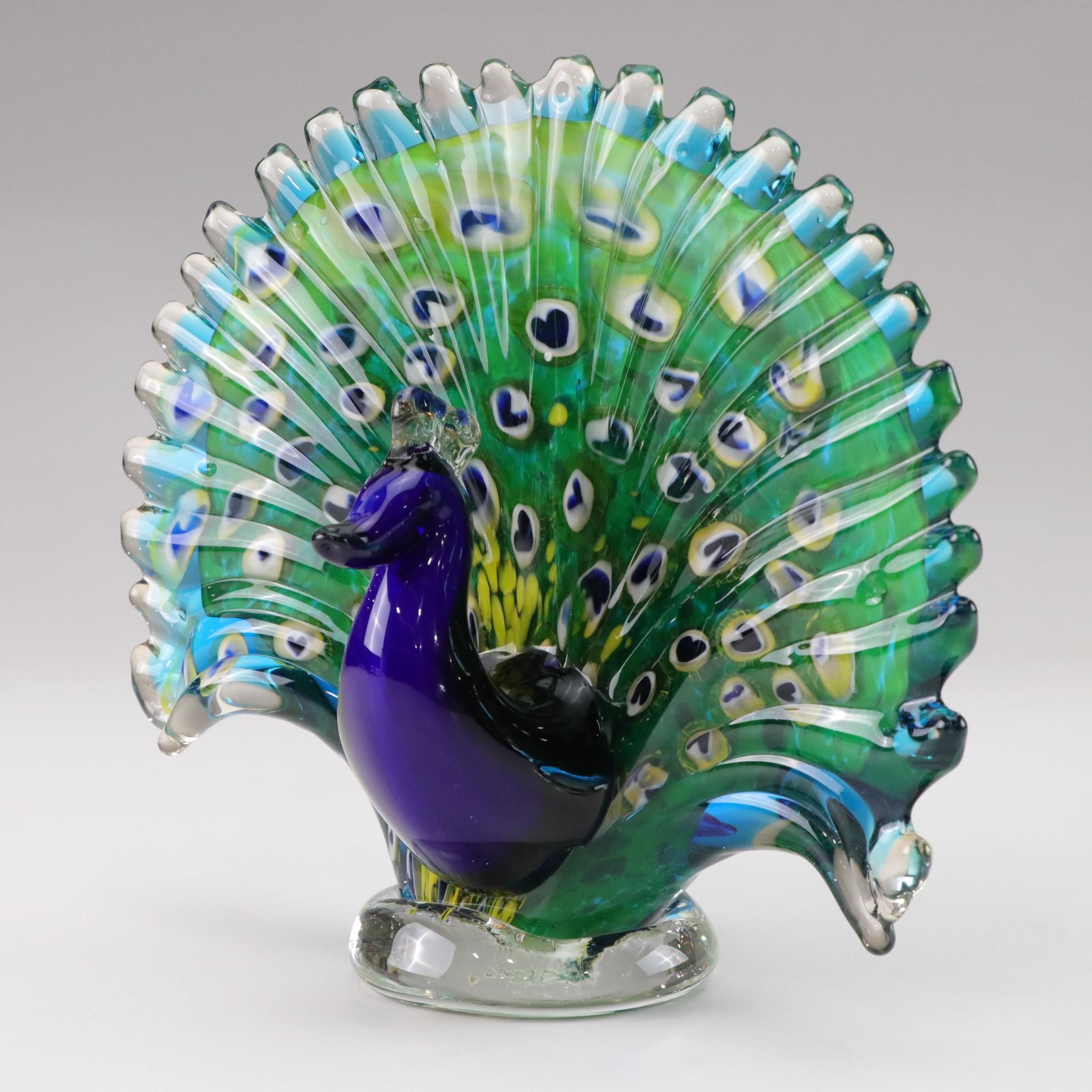 Murano Style Art Glass Peacock Figure With Clear Disk Base
