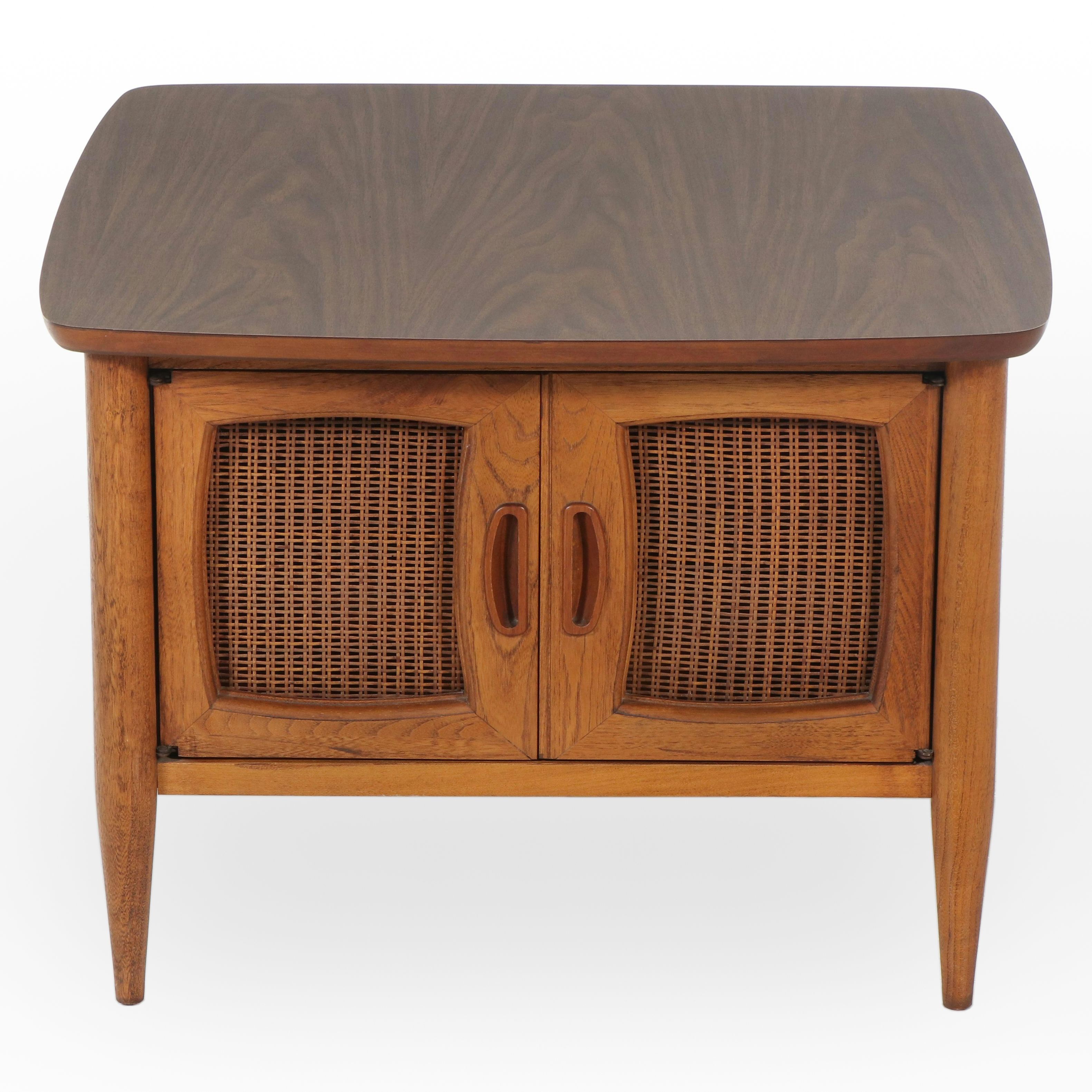 Lane Mid Century Modern Walnut, Laminate and Caned End Table