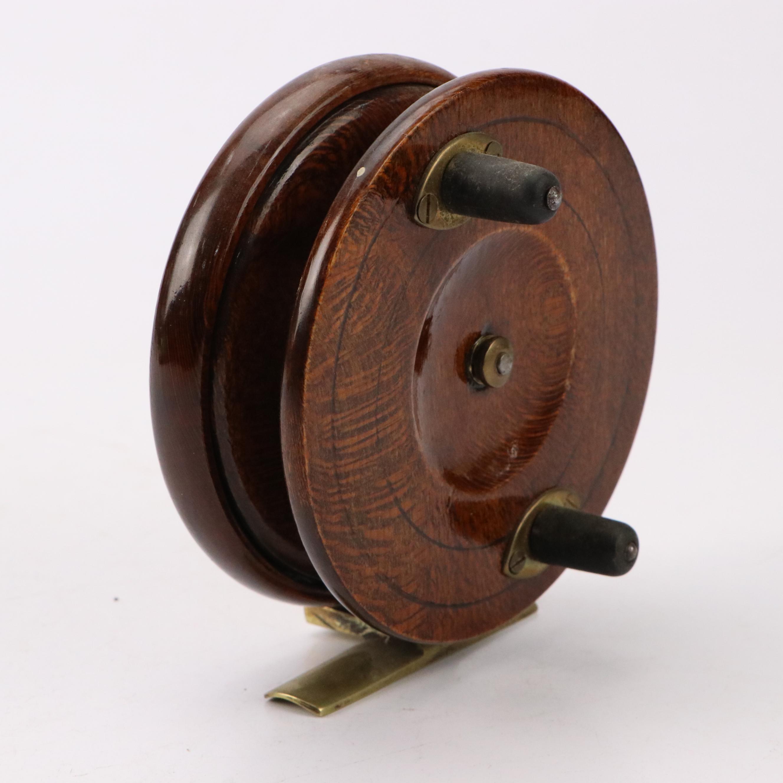 Antique Nottingham Cross Style Brass and Oak Fishing Reel