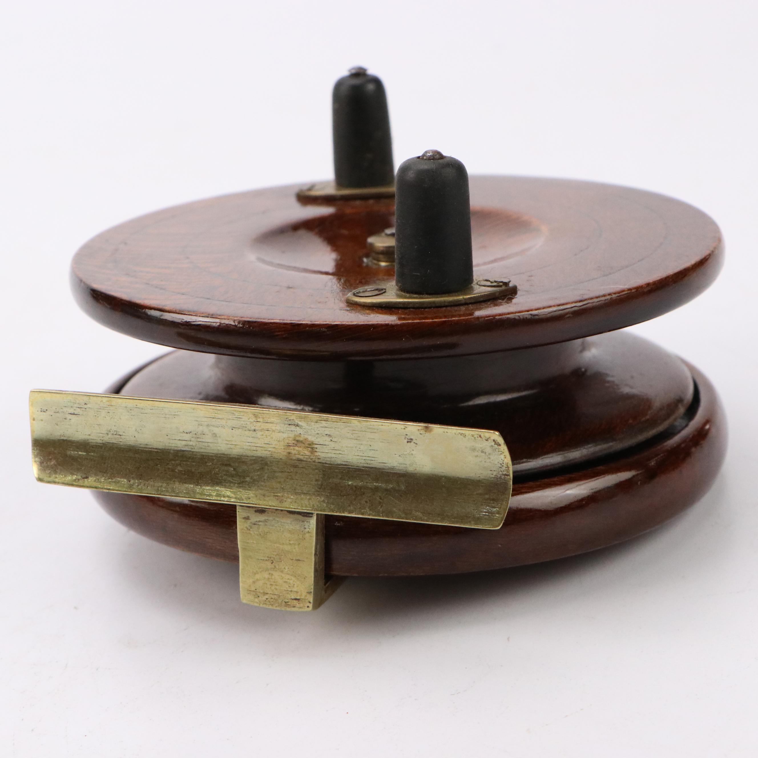 Antique Nottingham Cross Style Brass and Oak Fishing Reel