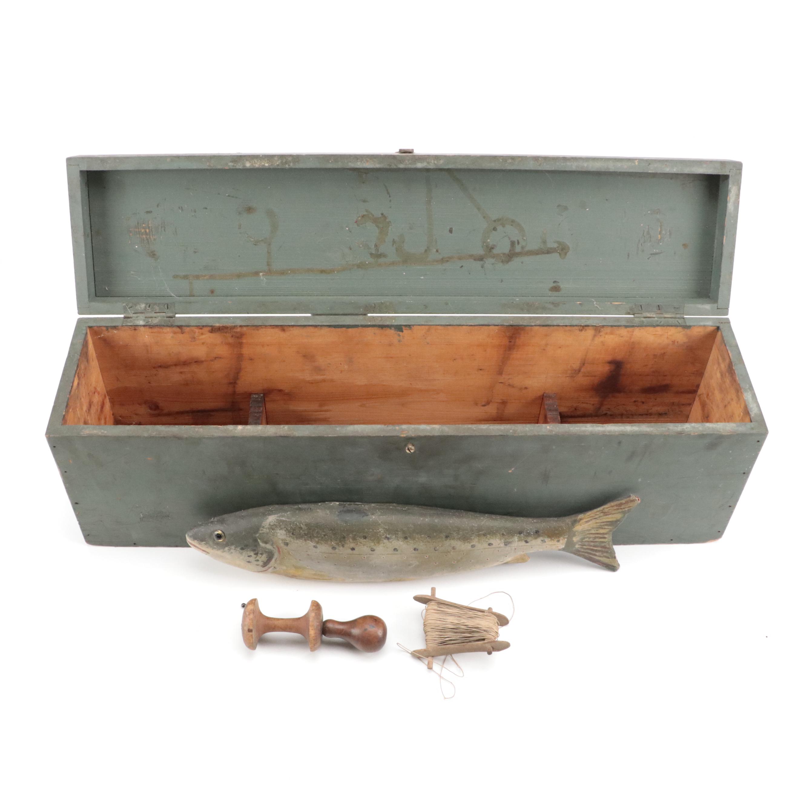 Vintage Fishing Tackle Box With Painted Salmon, Yarn Winder and Cord Dispenser