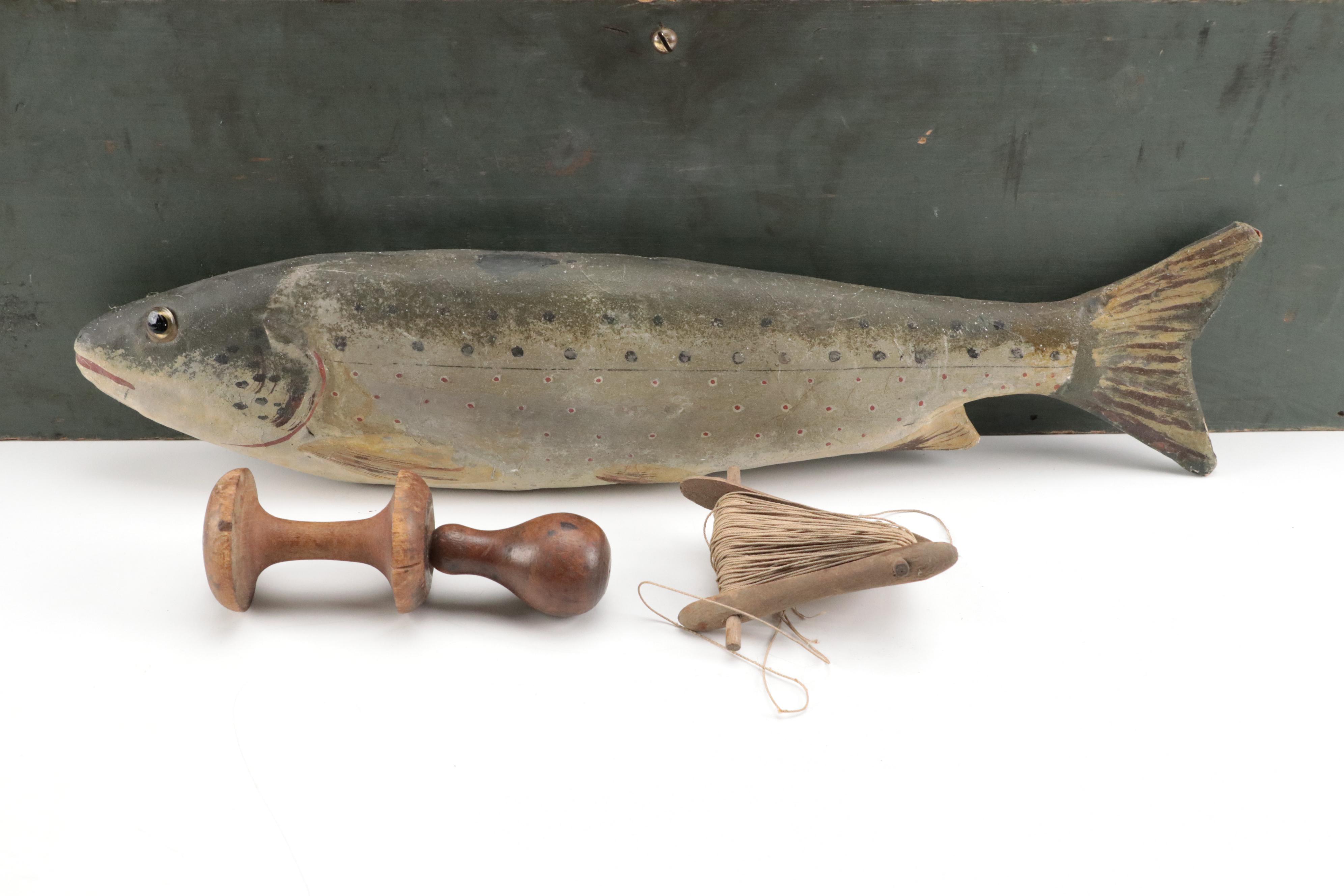 Vintage Fishing Tackle Box With Painted Salmon, Yarn Winder and Cord Dispenser