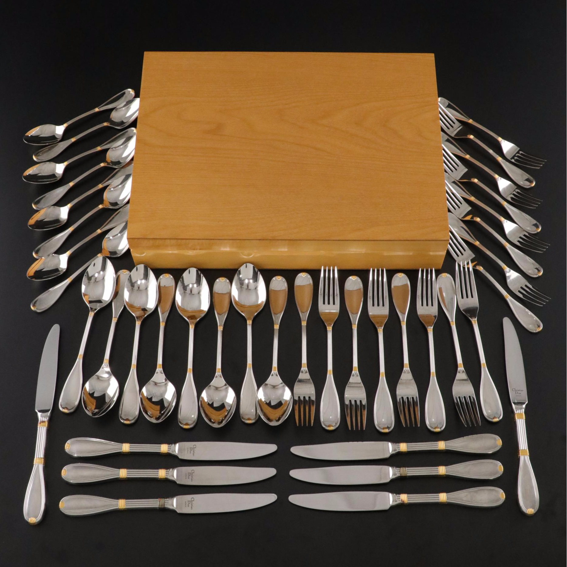 Christian Dior "Antoinette" Gold Accent Stainless Flatware Set for Eight in Box
