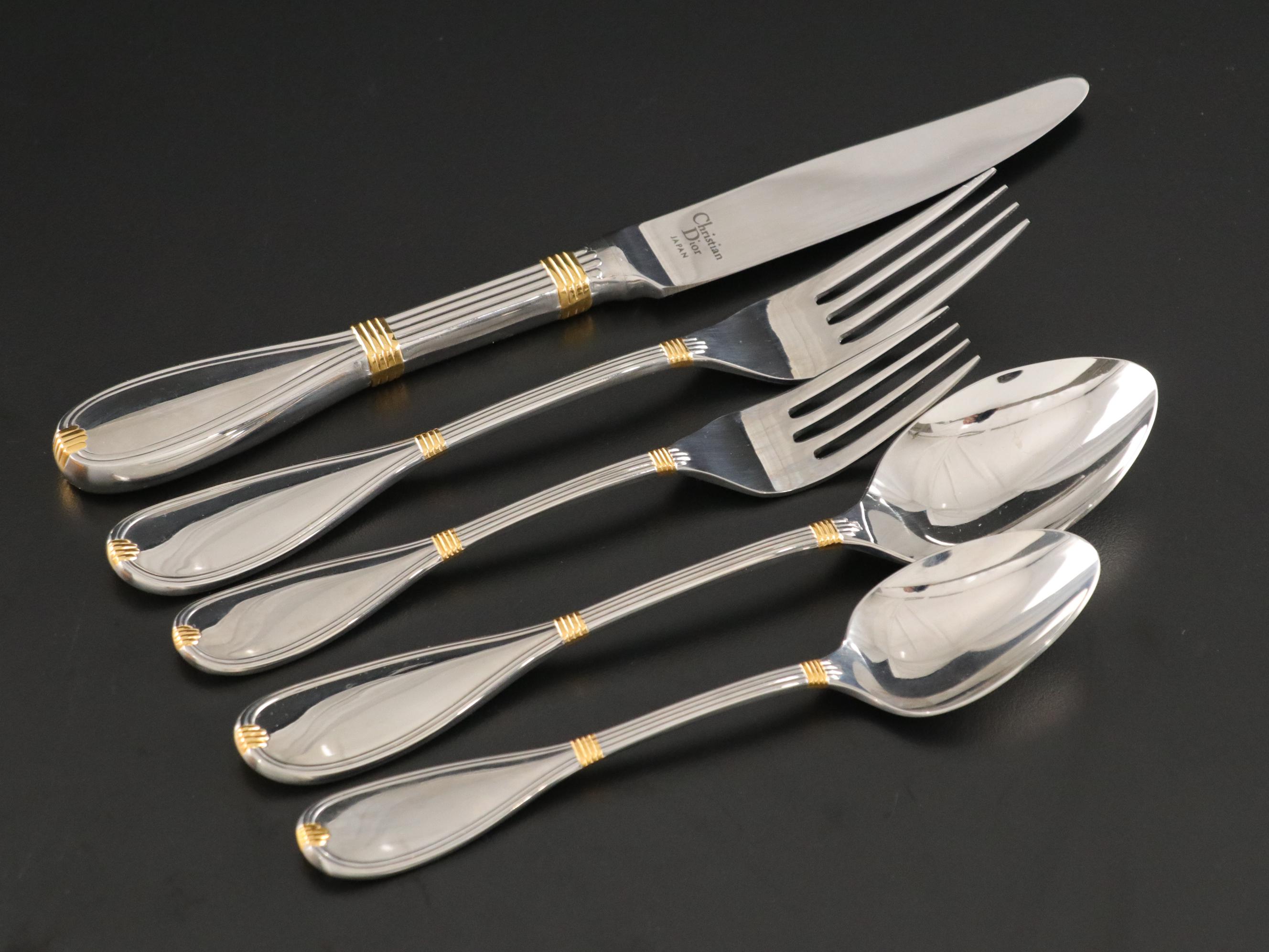 Christian Dior "Antoinette" Gold Accent Stainless Flatware Set for Eight in Box