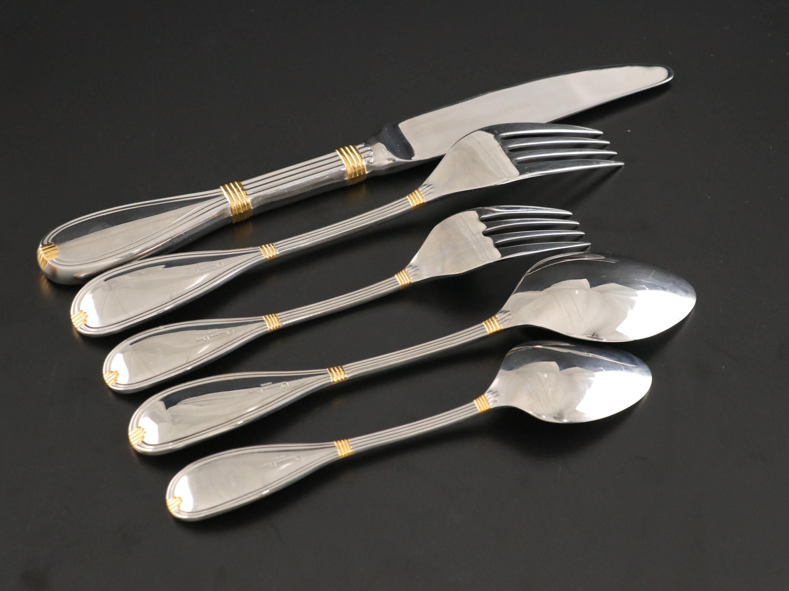 Christian Dior "Antoinette" Gold Accent Stainless Flatware Set for Eight in Box