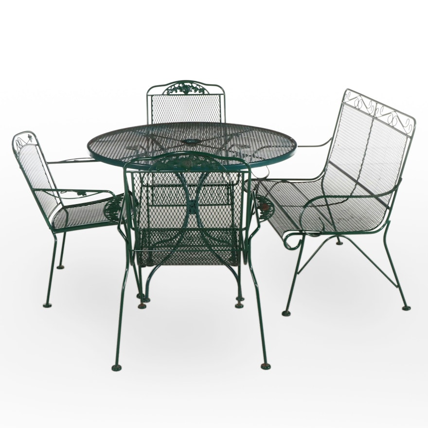 Green Painted Wrought Iron Patio Dining Table, Bench, and Three Assorted Chairs