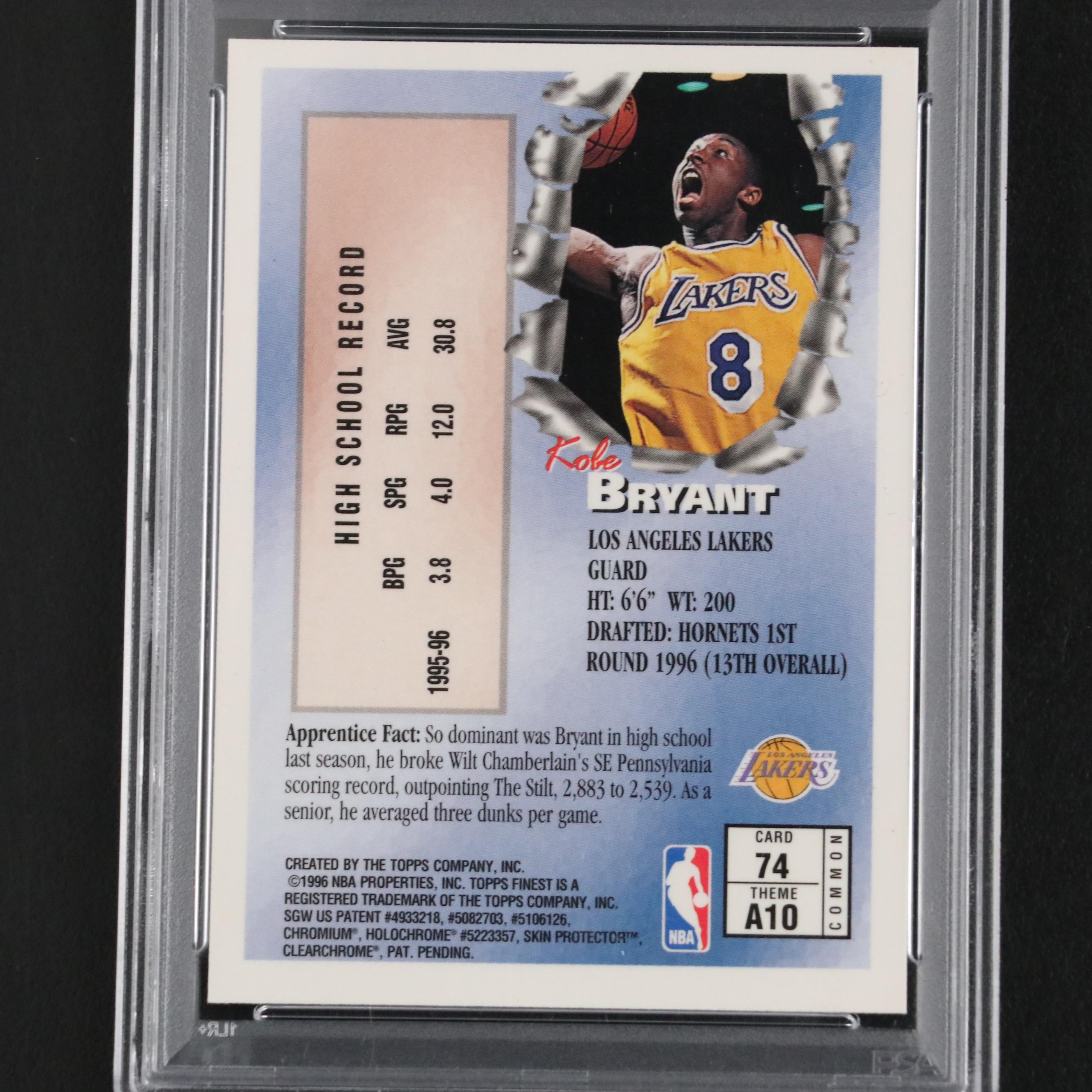 1996 Topps Finest Kobe Bryant Lakers Rookie Basketball Card #74 Graded PSA 9