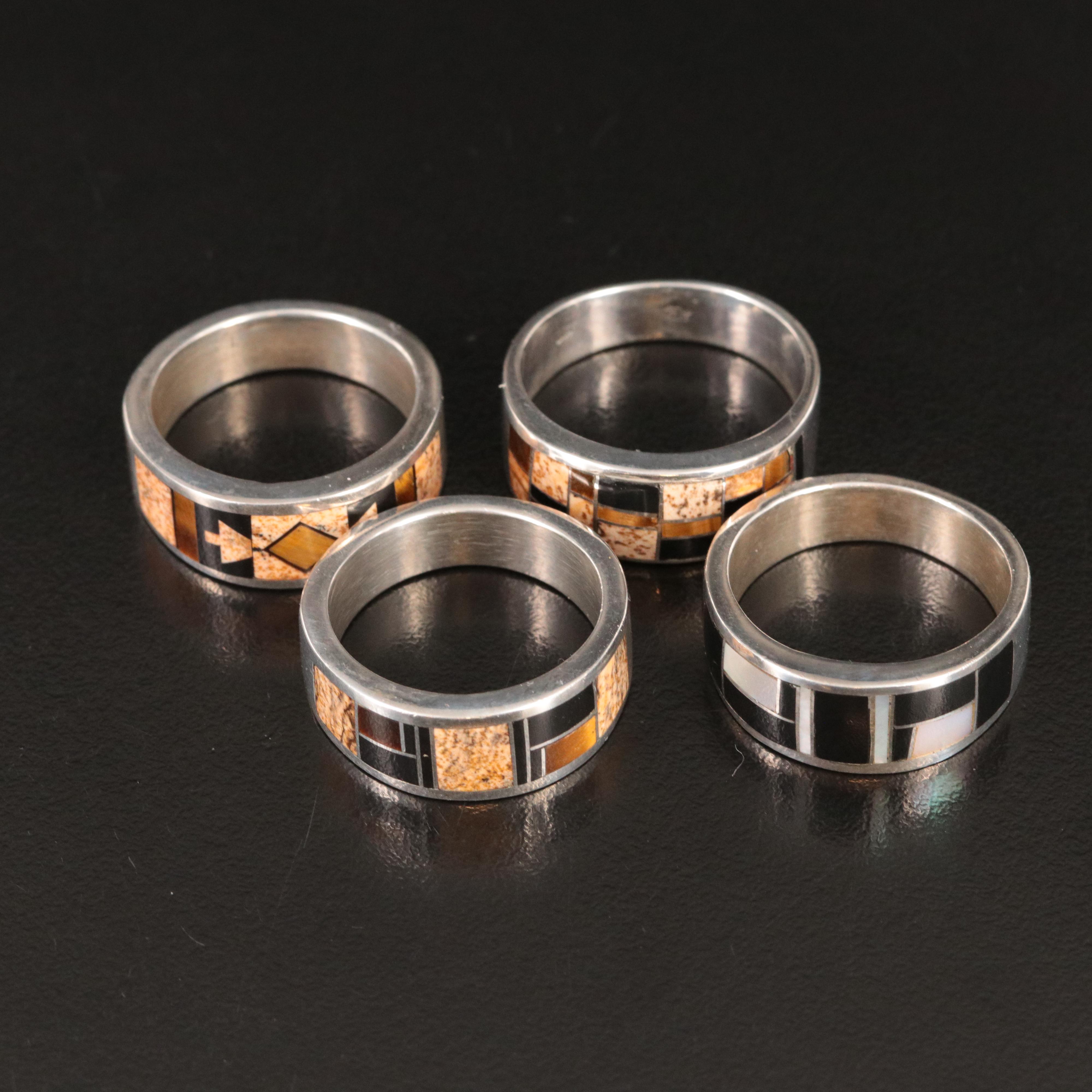 Western Style Sterling Tiger's-Eye Quartz, Jasper, Mother-of-Pearl Inlay Bands