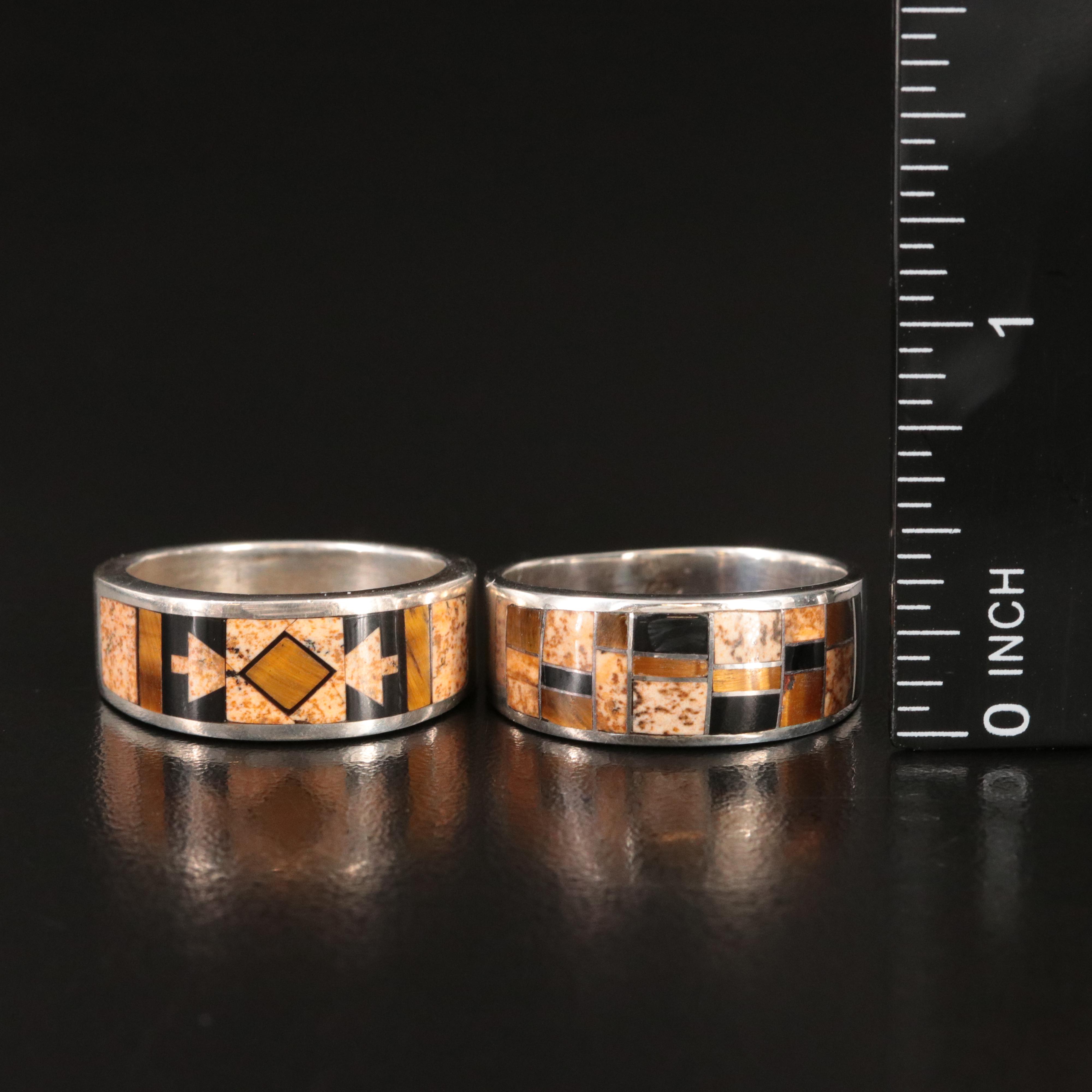 Western Style Sterling Tiger's-Eye Quartz, Jasper, Mother-of-Pearl Inlay Bands