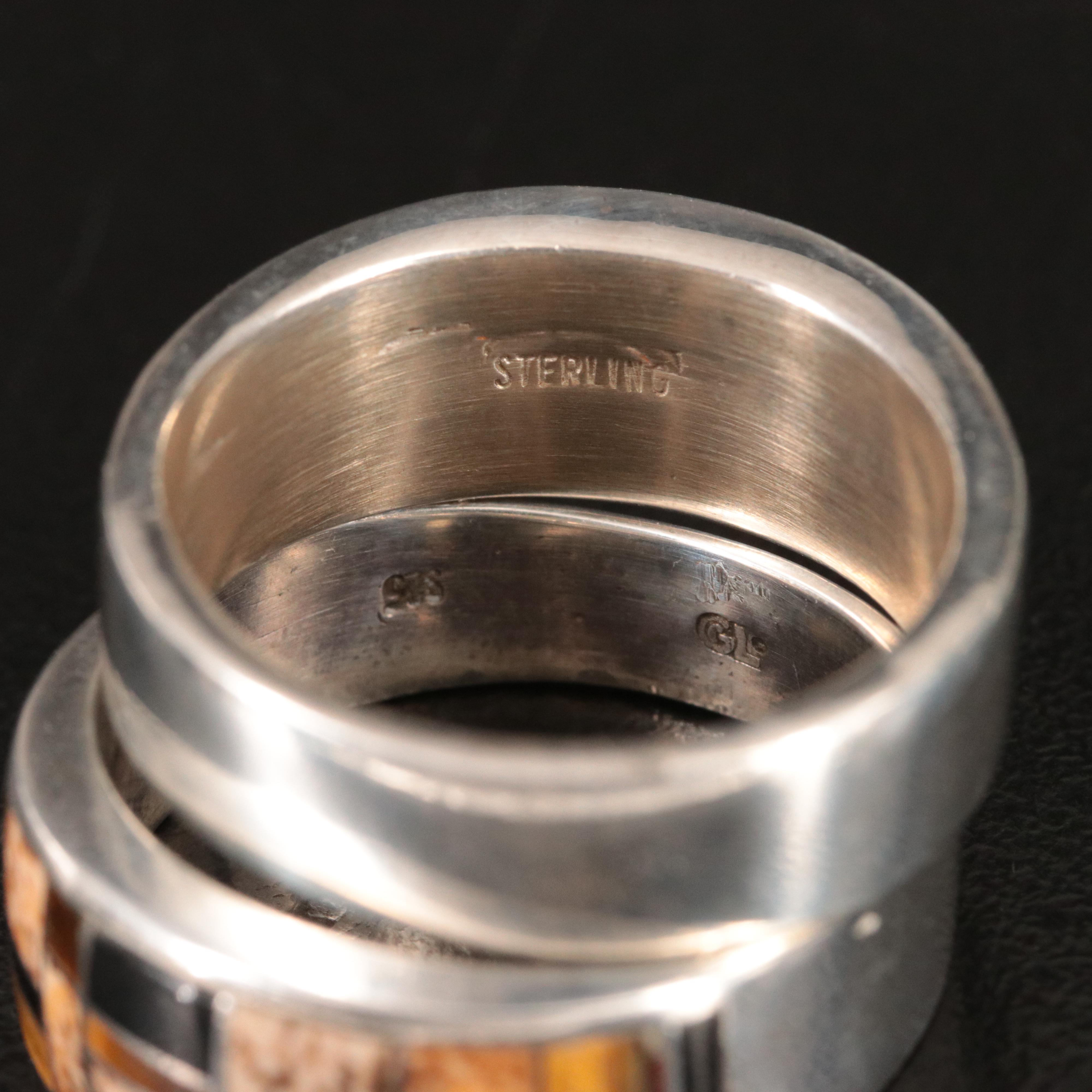 Western Style Sterling Tiger's-Eye Quartz, Jasper, Mother-of-Pearl Inlay Bands