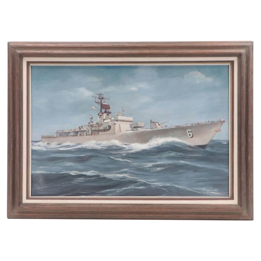 Cesare Saporetti Naval Vessel Oil Painting, 1972