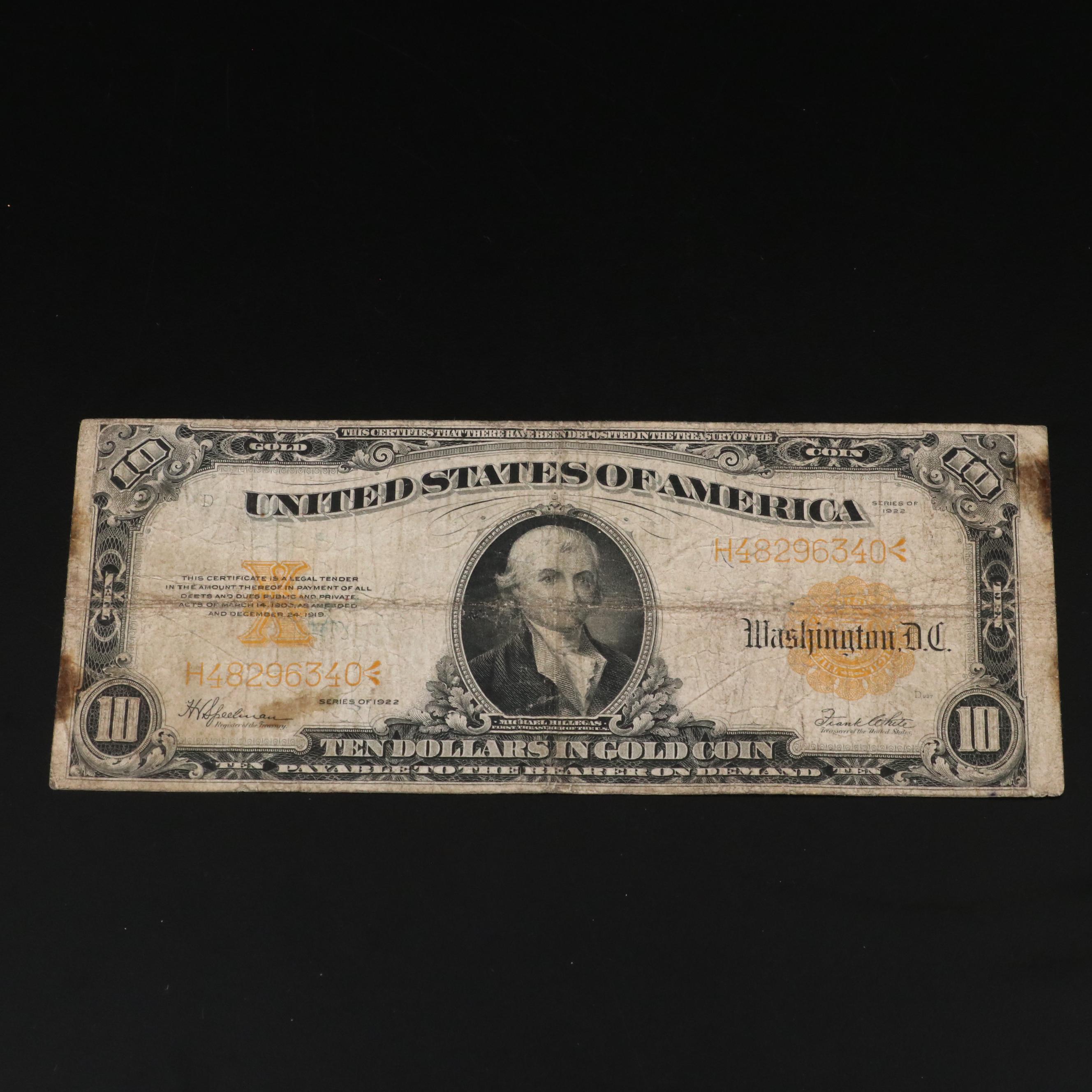 Series of 1922 $10 Large Size United States Gold Certificate
