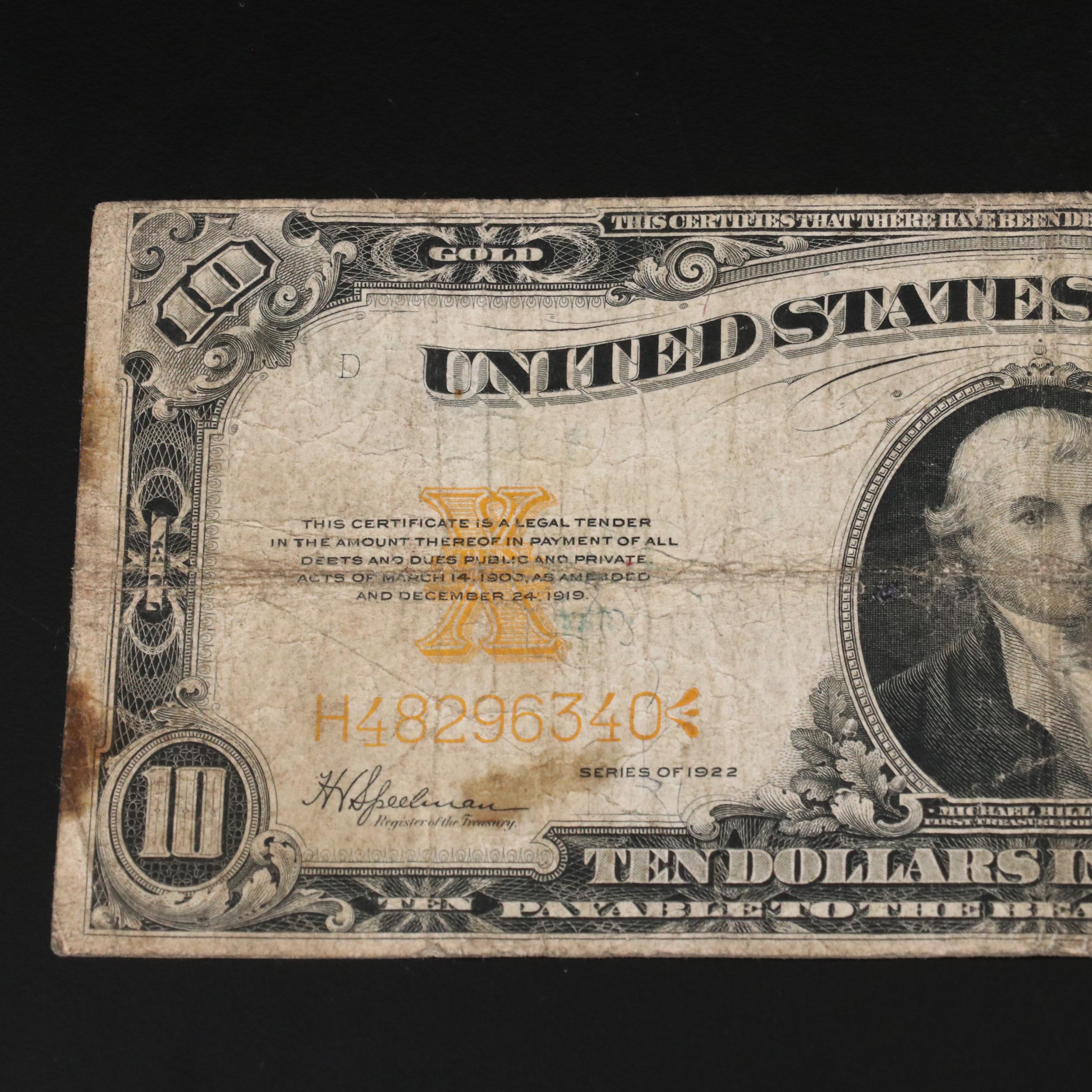 Series of 1922 $10 Large Size United States Gold Certificate