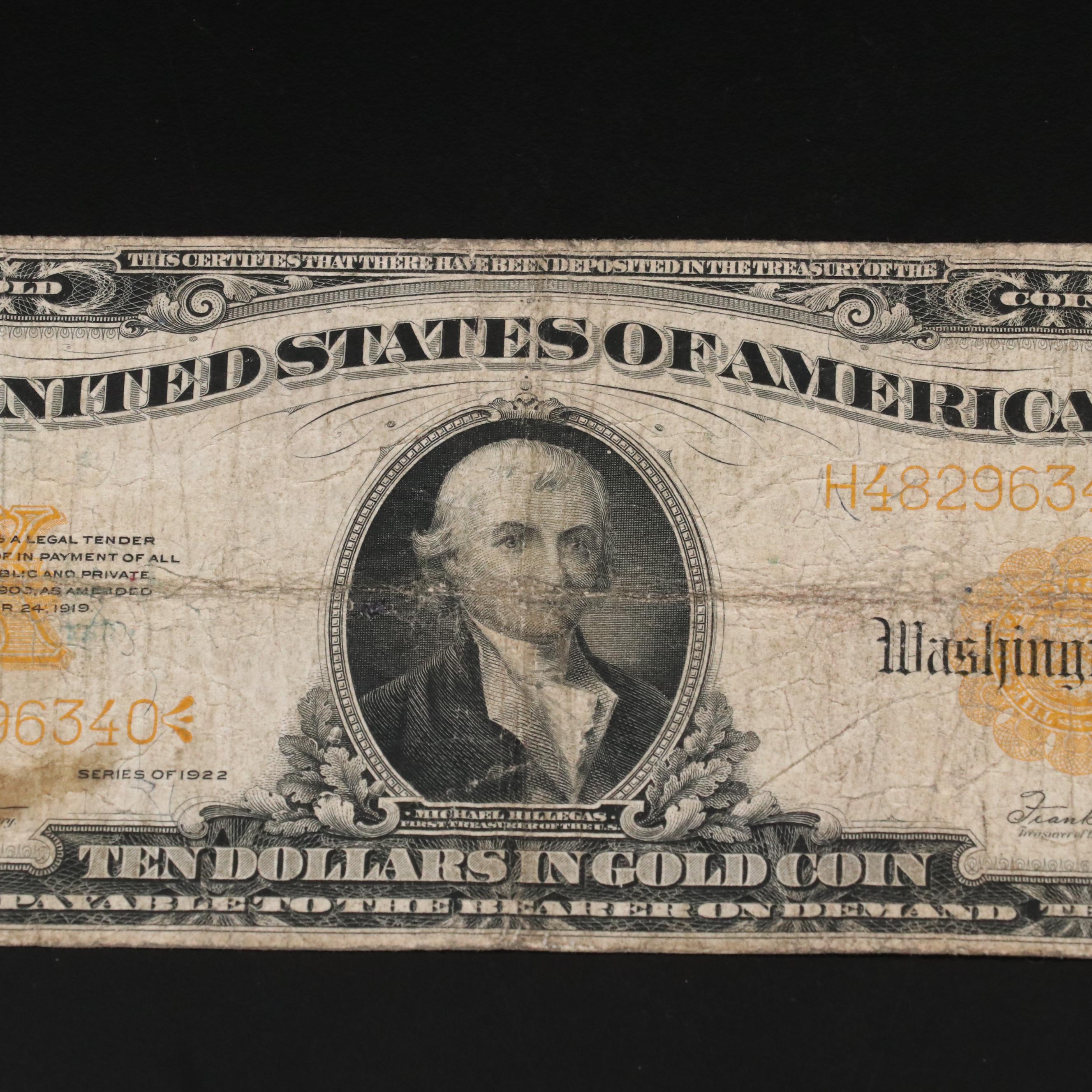 Series of 1922 $10 Large Size United States Gold Certificate