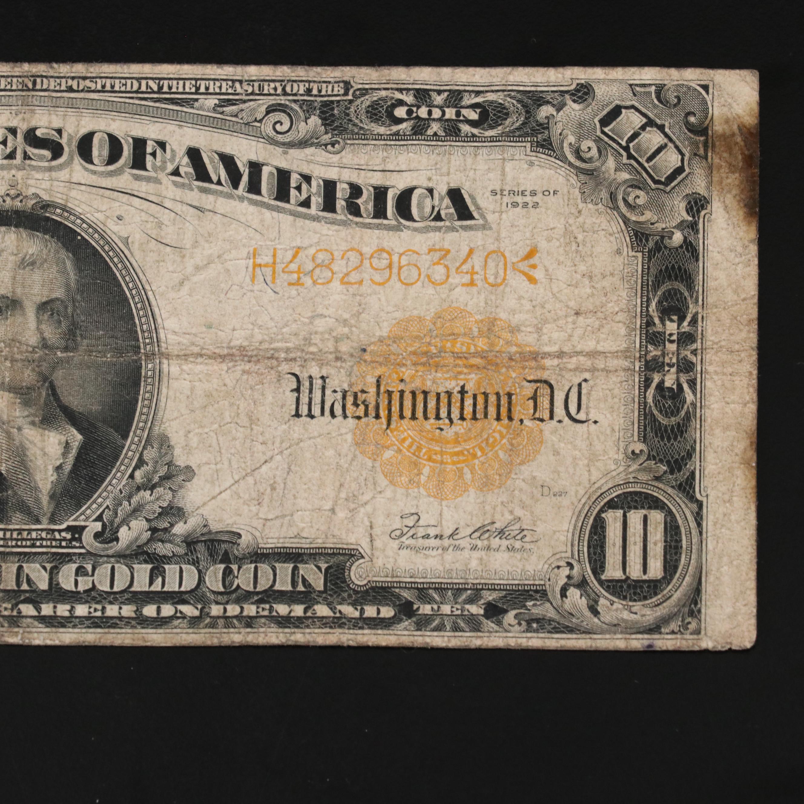 Series of 1922 $10 Large Size United States Gold Certificate