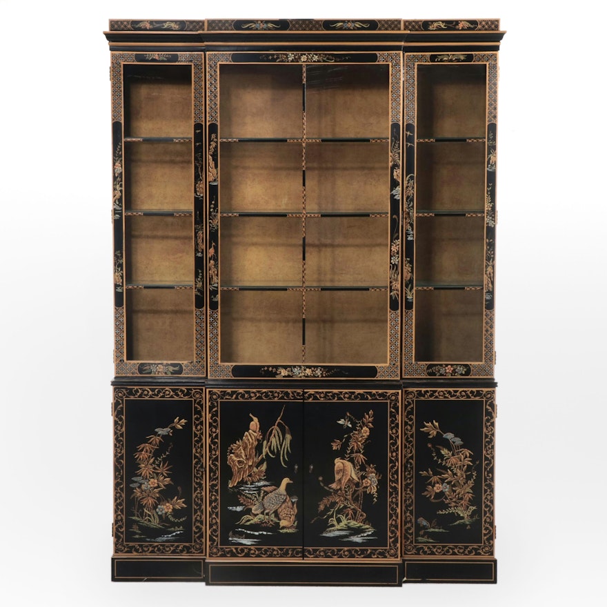Chinoiserie Black Lacquered and Paint-Decorated China Cabinet