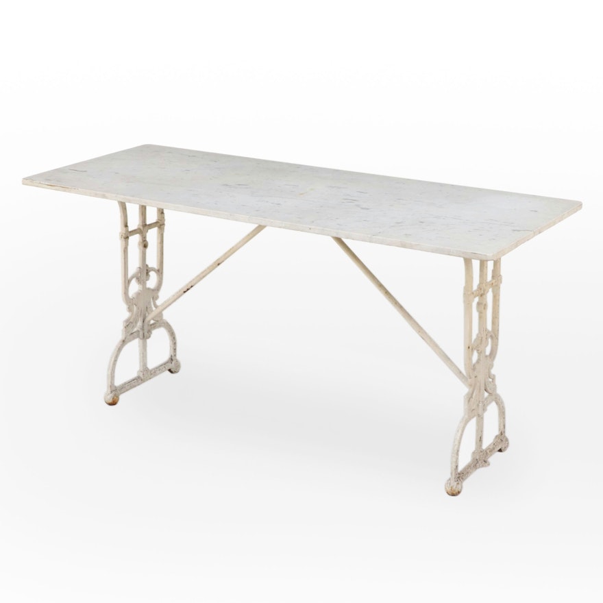 Late Victorian Cast Iron & Marble Top Garden Table, Late 19th/Early 20th Century