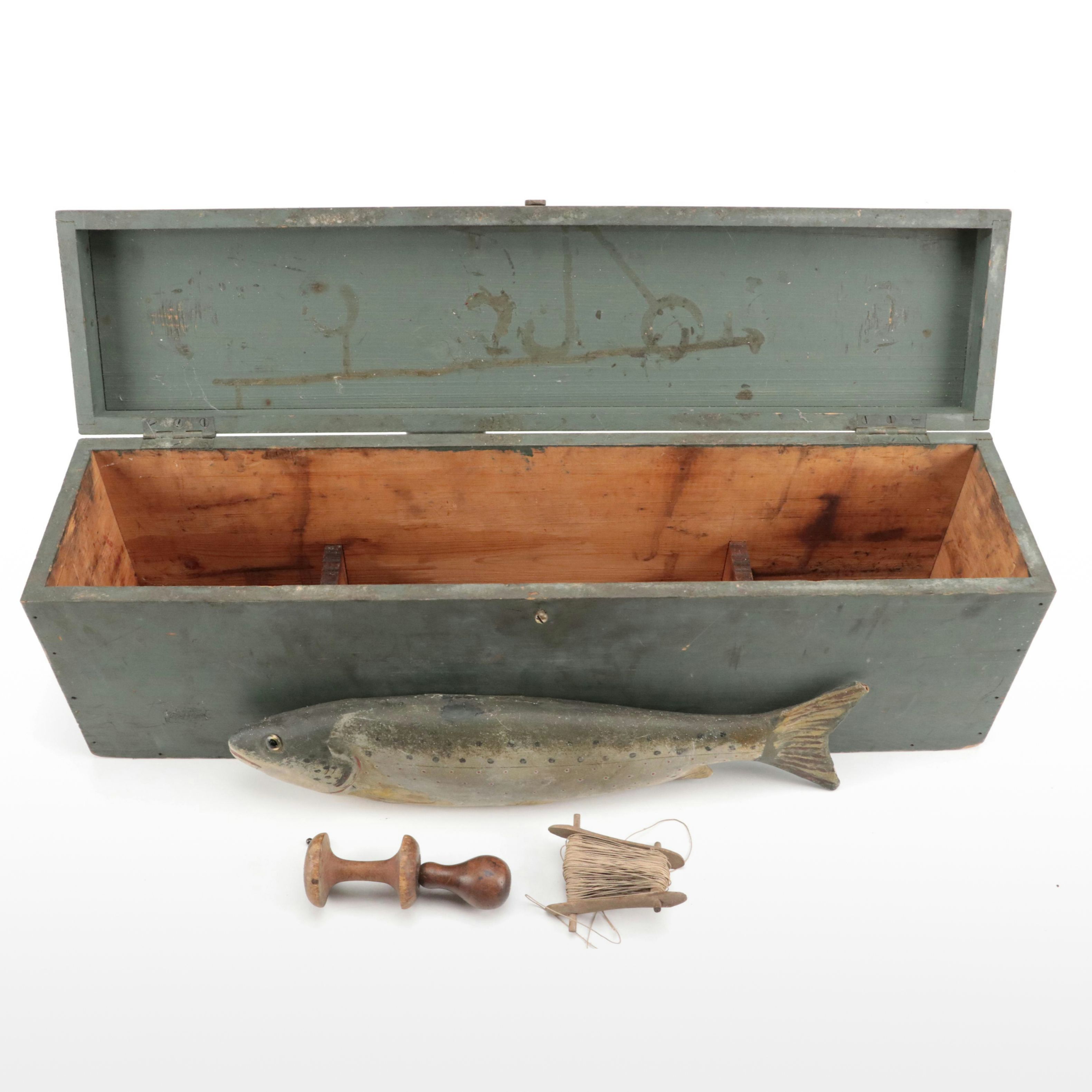 Vintage Fishing Tackle Box With Painted Salmon, Yarn Winder and Cord Dispenser