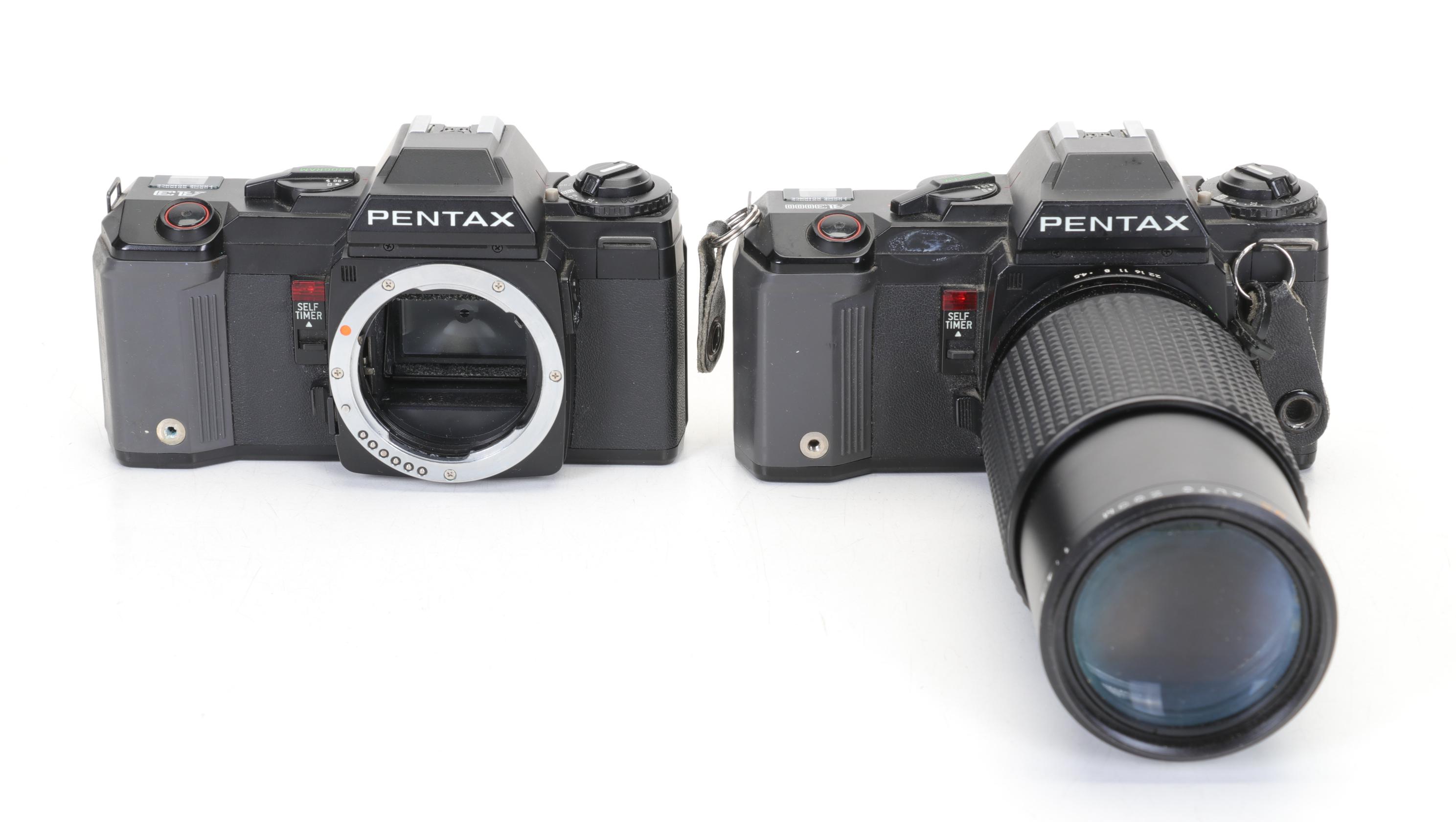 Asahi Pentax Cameras with Starblitz Flash and Two Lenses, Late 20th Century