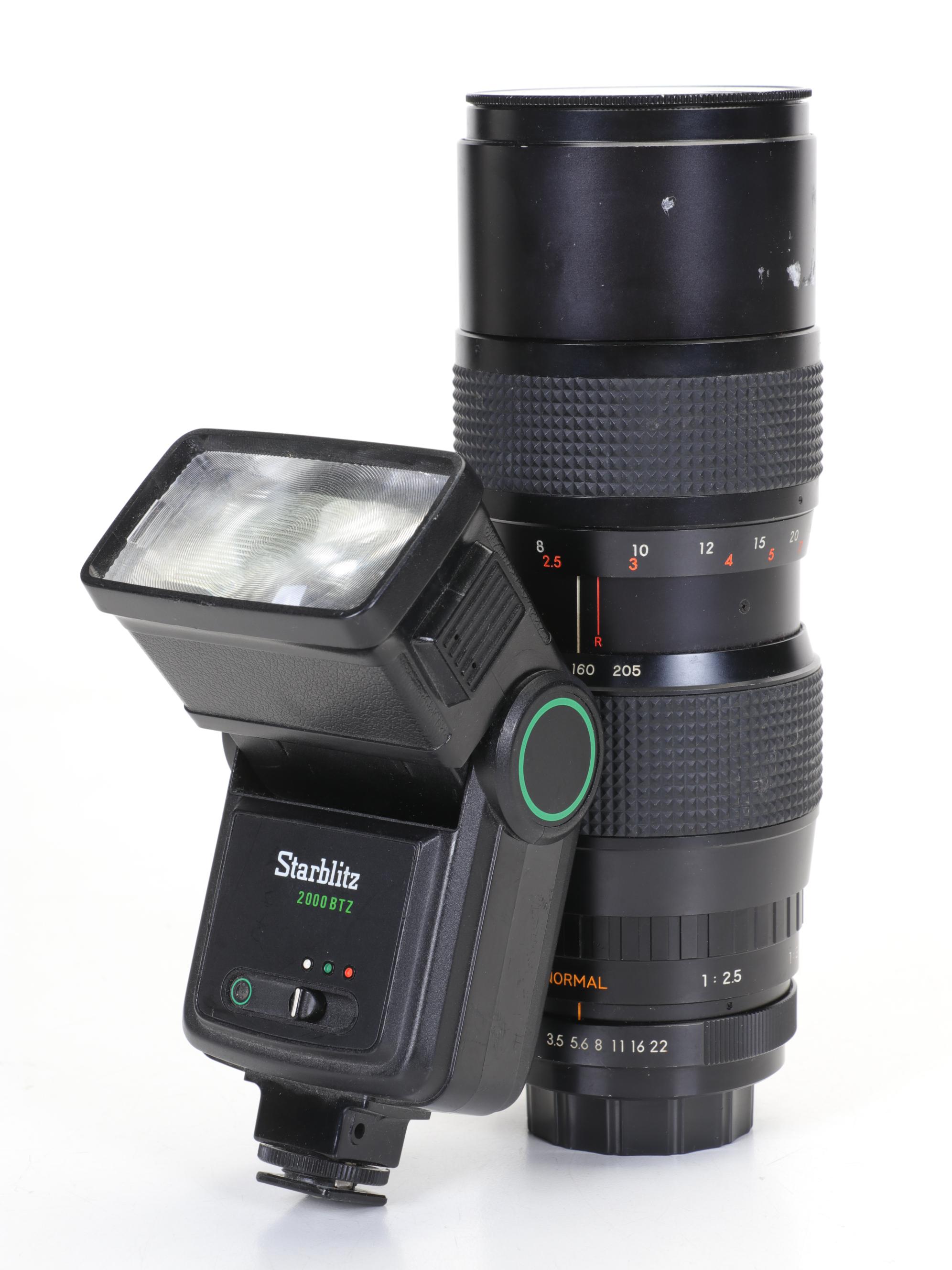 Asahi Pentax Cameras with Starblitz Flash and Two Lenses, Late 20th Century