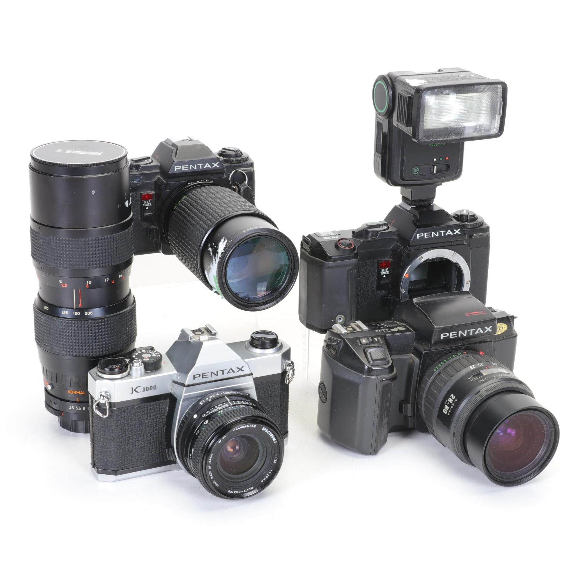 Asahi Pentax Cameras with Starblitz Flash and Two Lenses, Late 20th Century