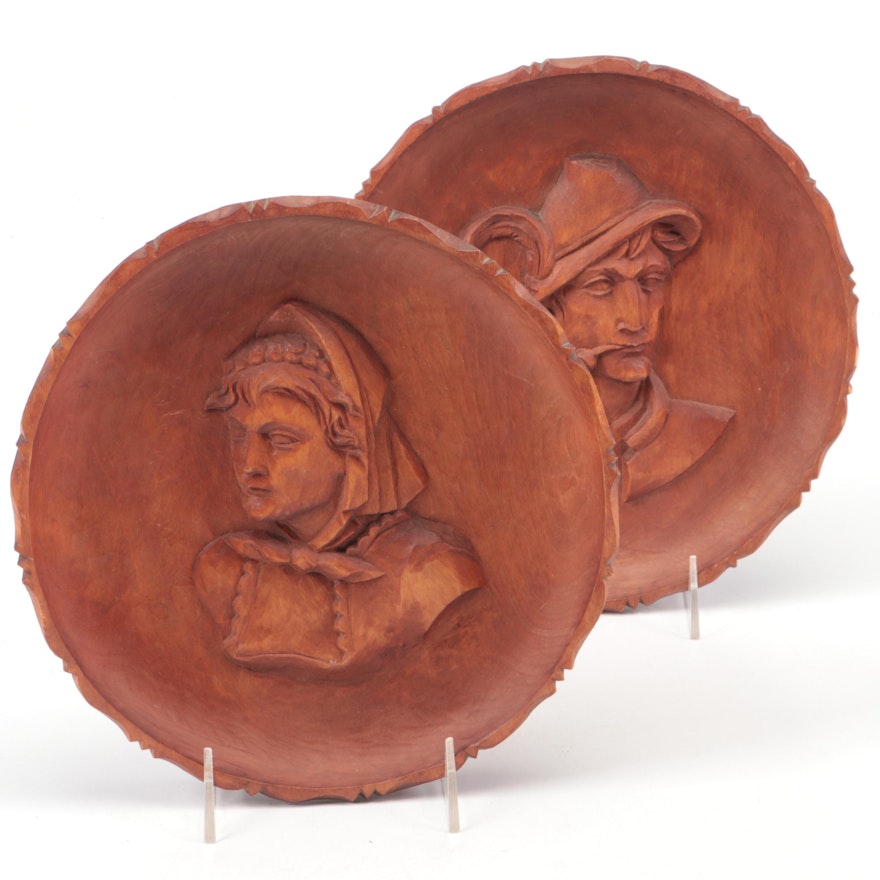 Oberammergau Bavarian Hand-Carved Wood Portrait Plates, Vintage
