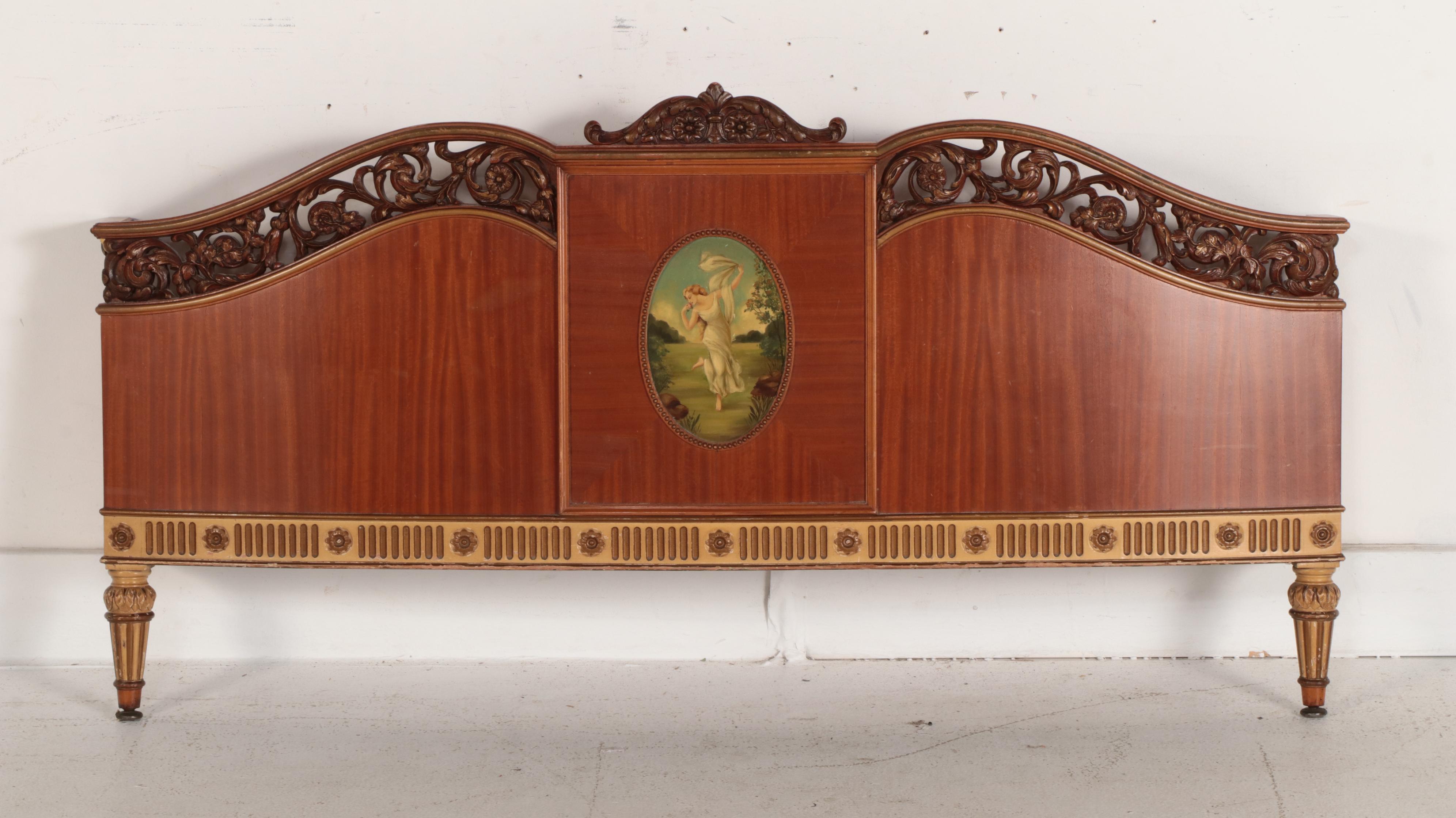 Robert W. Irwin Co. Adam Style Paint-Decorated Satinwood and Burl Bed Frame