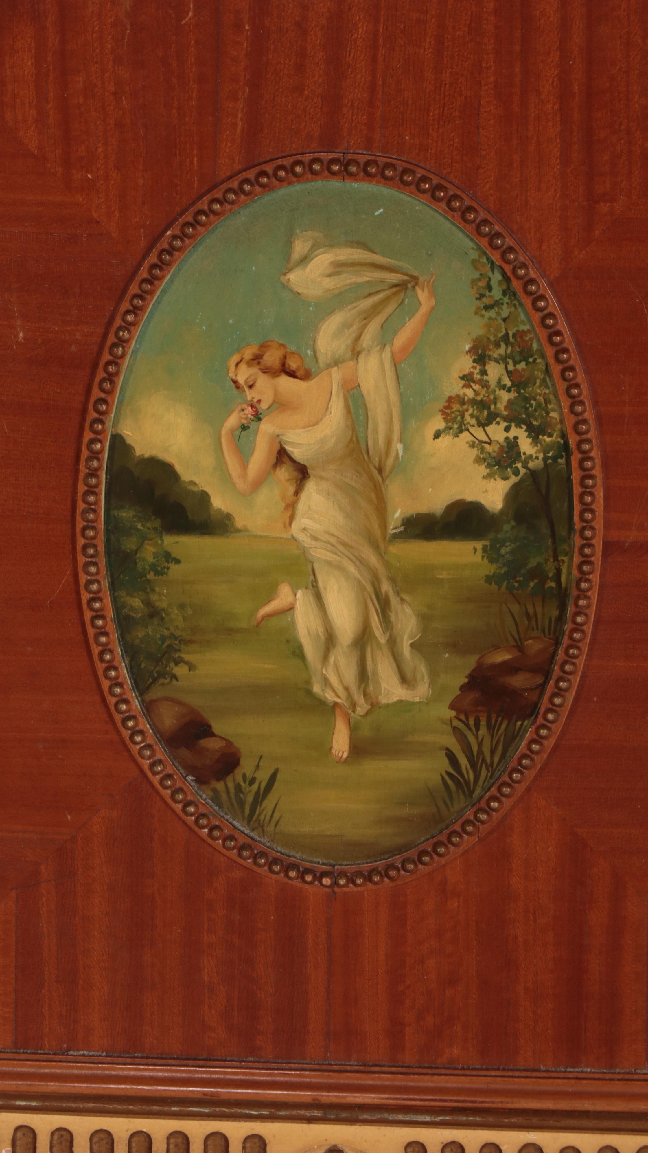 Robert W. Irwin Co. Adam Style Paint-Decorated Satinwood and Burl Bed Frame