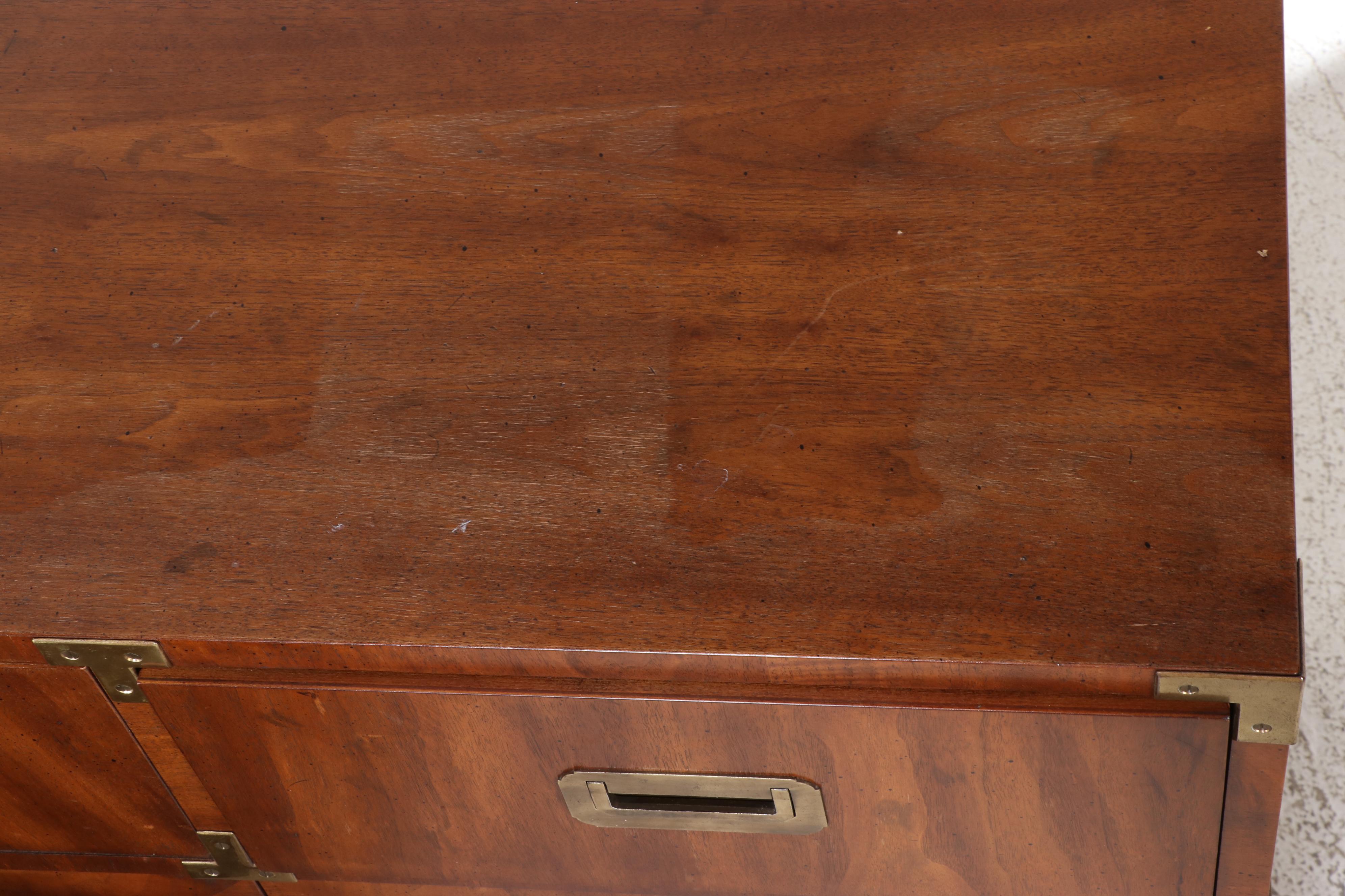 Three-Piece Henredon Campaign Style Brass-Mounted Walnut Bedroom Set