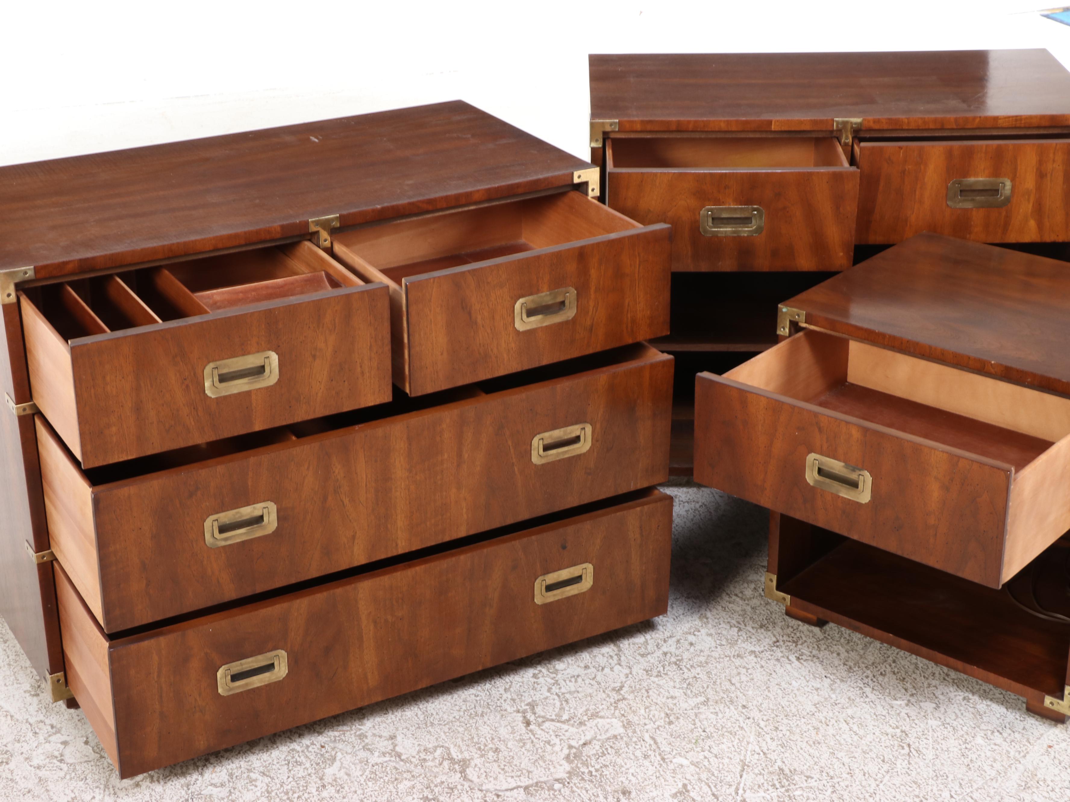 Three-Piece Henredon Campaign Style Brass-Mounted Walnut Bedroom Set