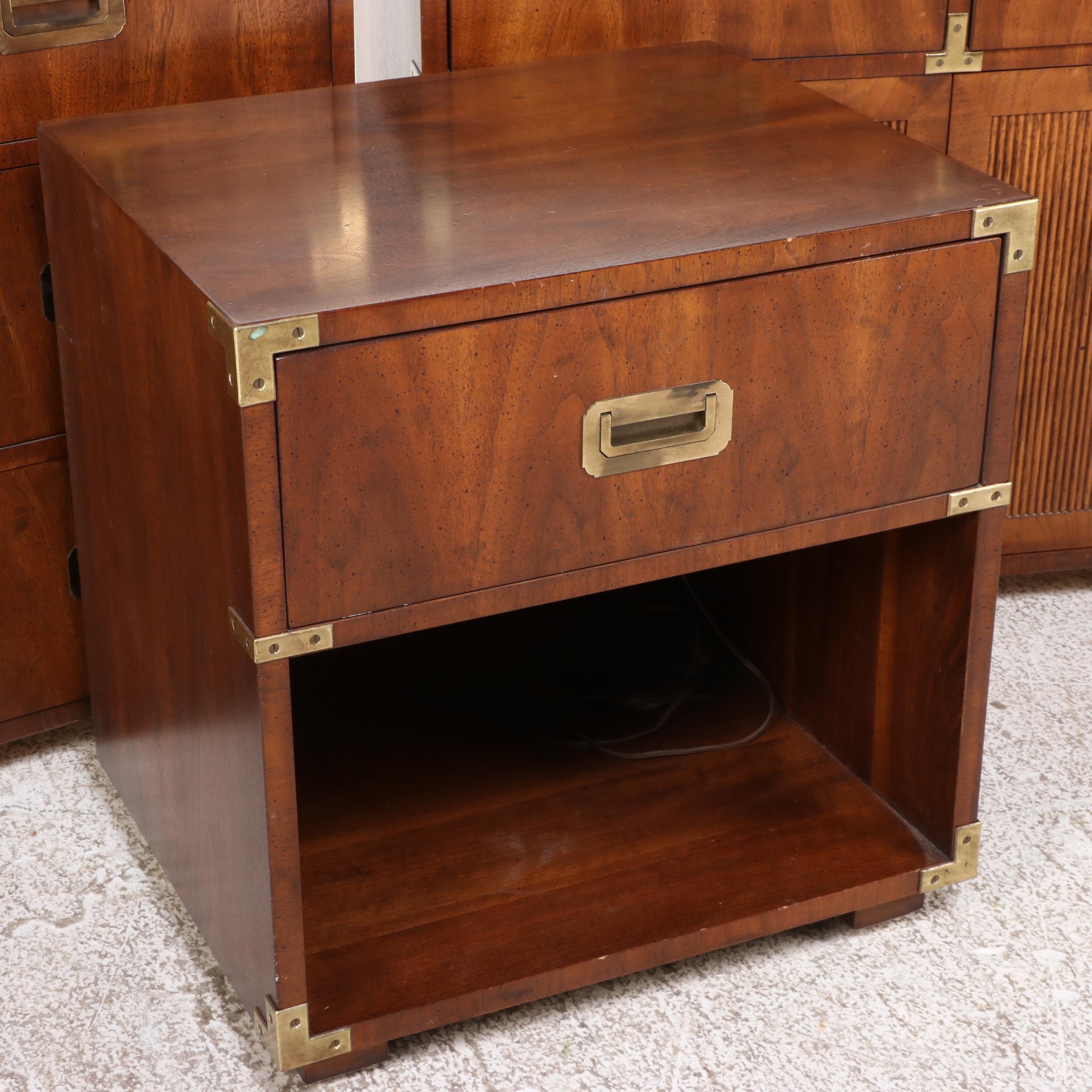 Three-Piece Henredon Campaign Style Brass-Mounted Walnut Bedroom Set