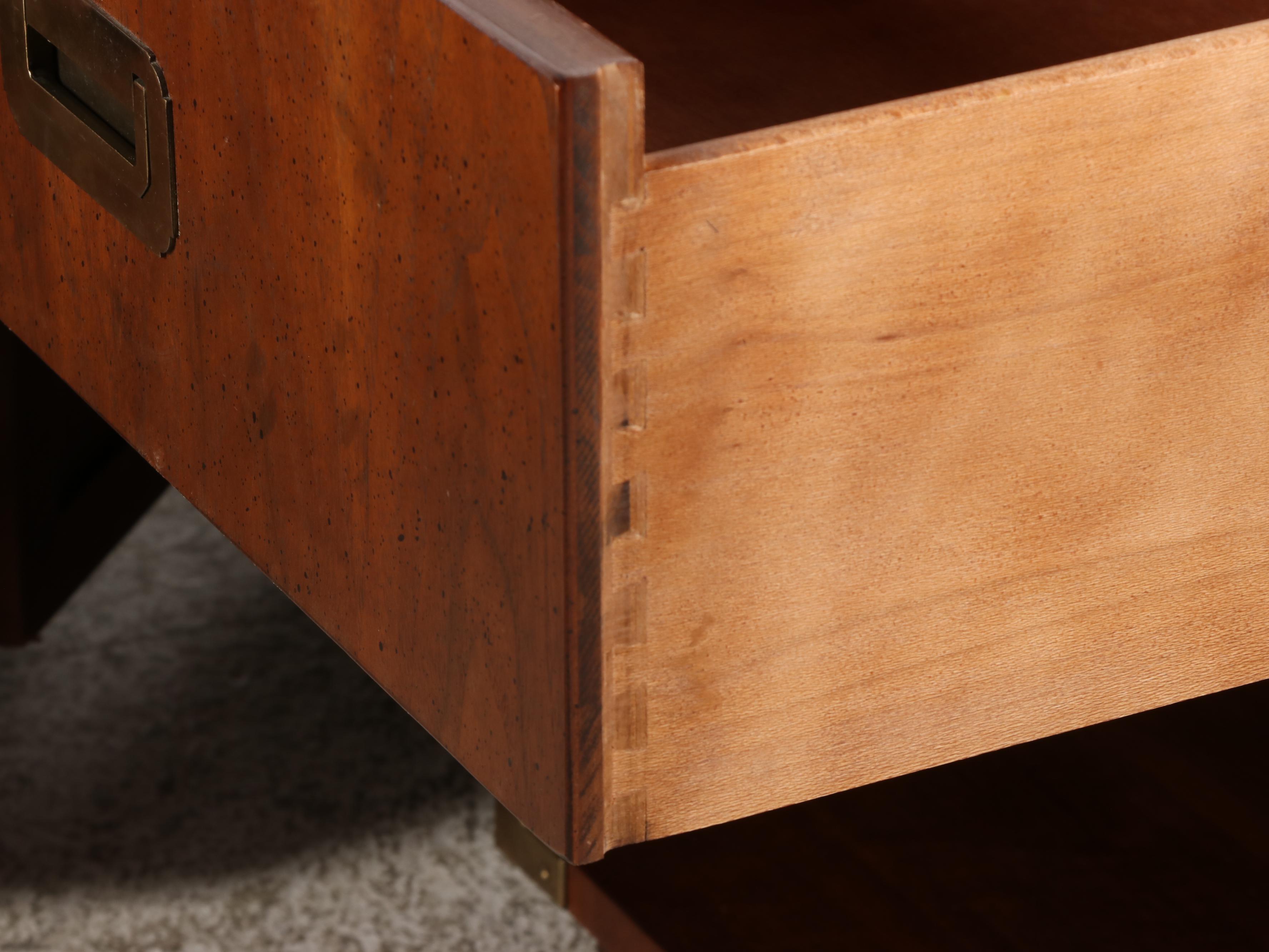 Three-Piece Henredon Campaign Style Brass-Mounted Walnut Bedroom Set