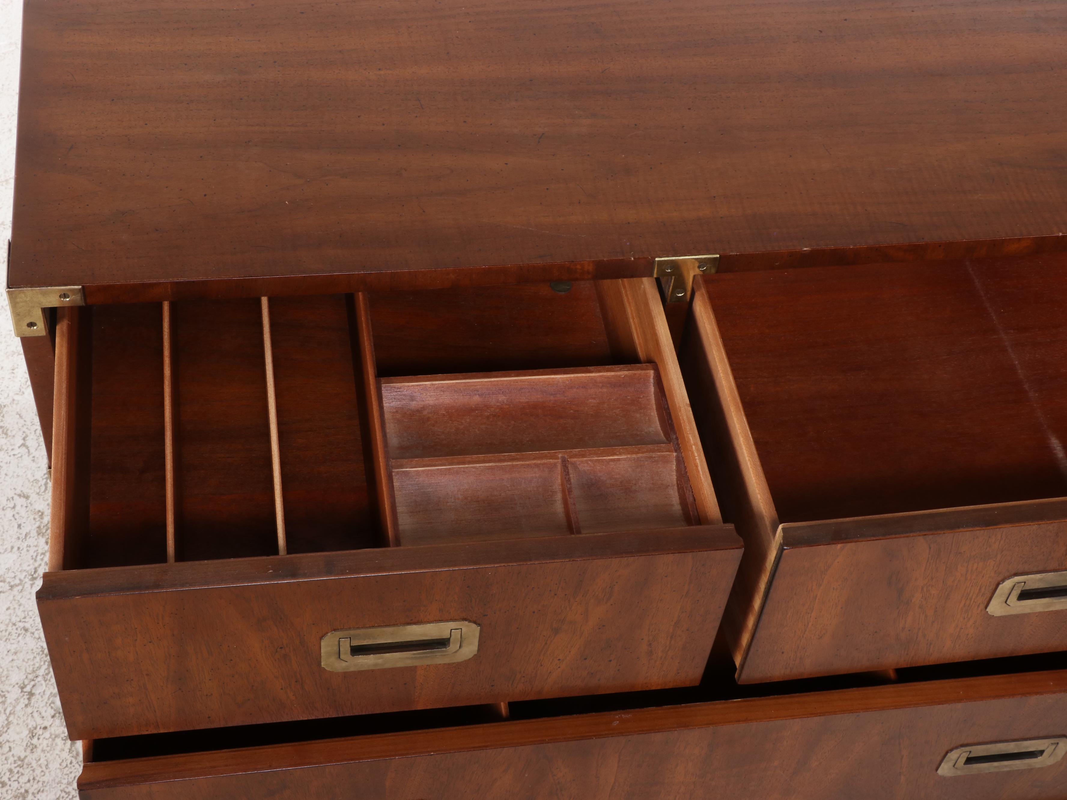 Three-Piece Henredon Campaign Style Brass-Mounted Walnut Bedroom Set