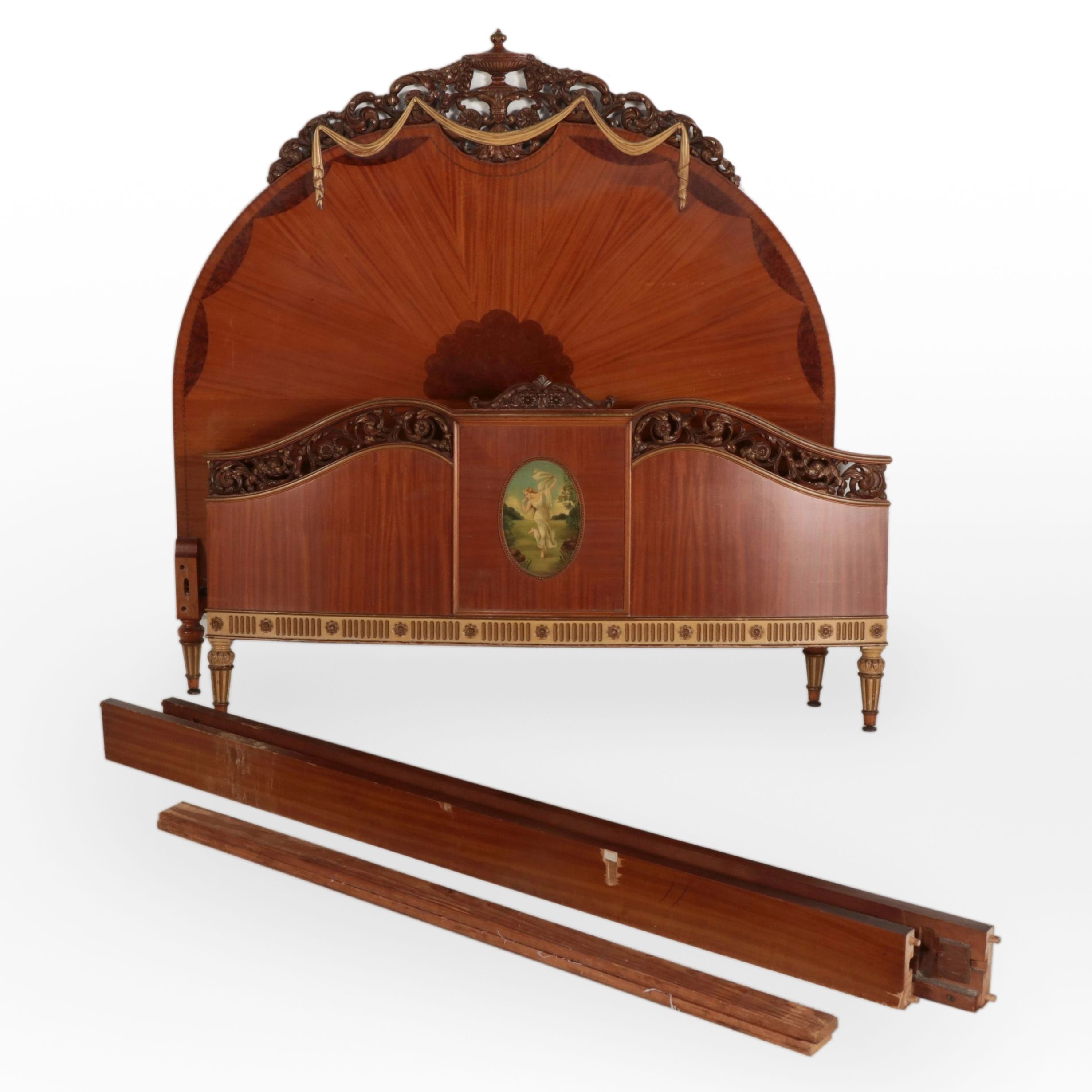 Robert W. Irwin Co. Adam Style Paint-Decorated Satinwood and Burl Bed Frame