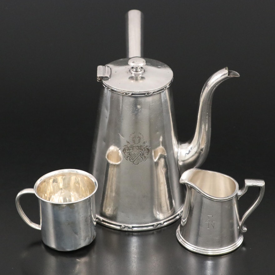 Reed & Barton Hotel Plate Coffee Pot with Creamer and Towle Sterling Mug