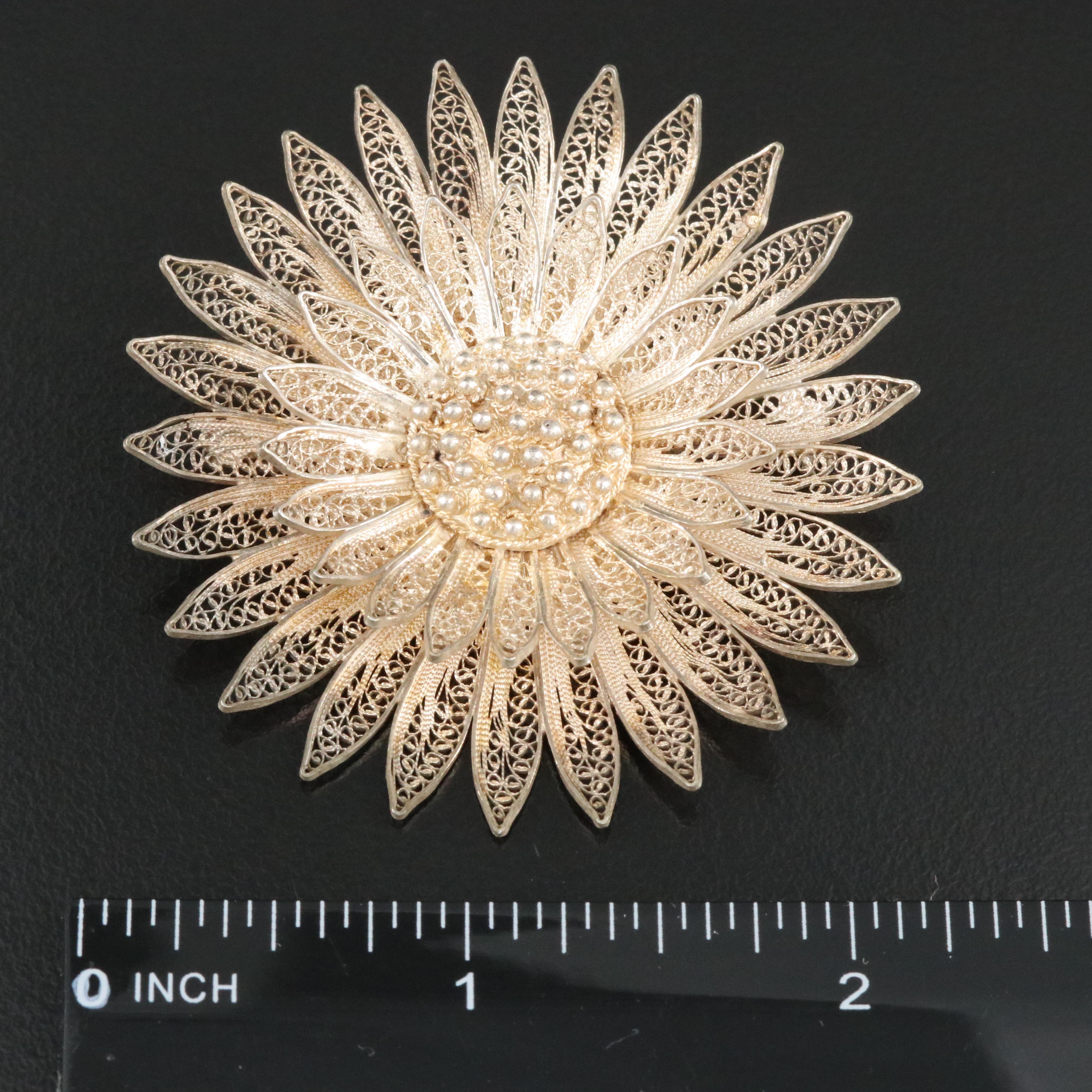 Portuguese Sterling Filigree Flower Brooch