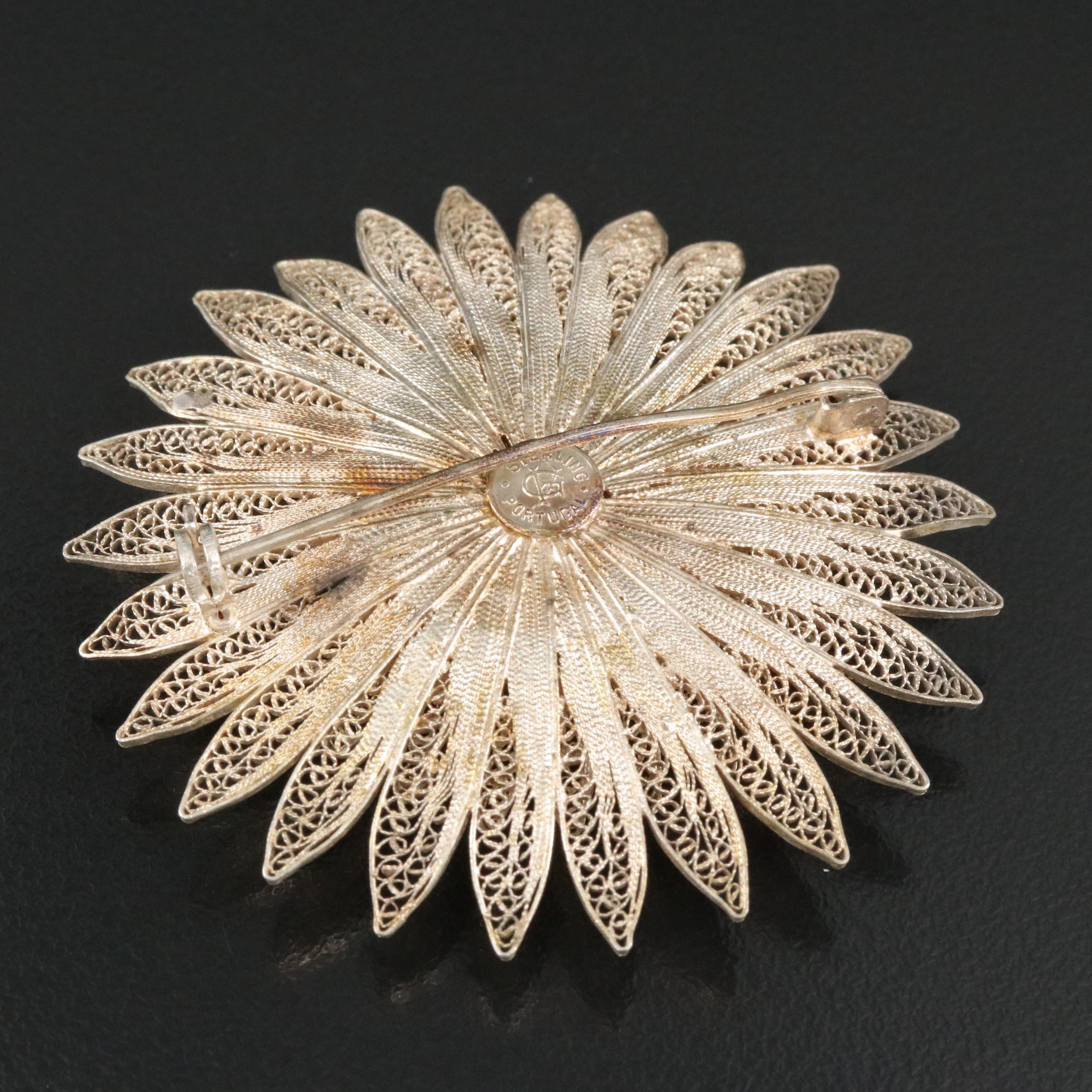 Portuguese Sterling Filigree Flower Brooch