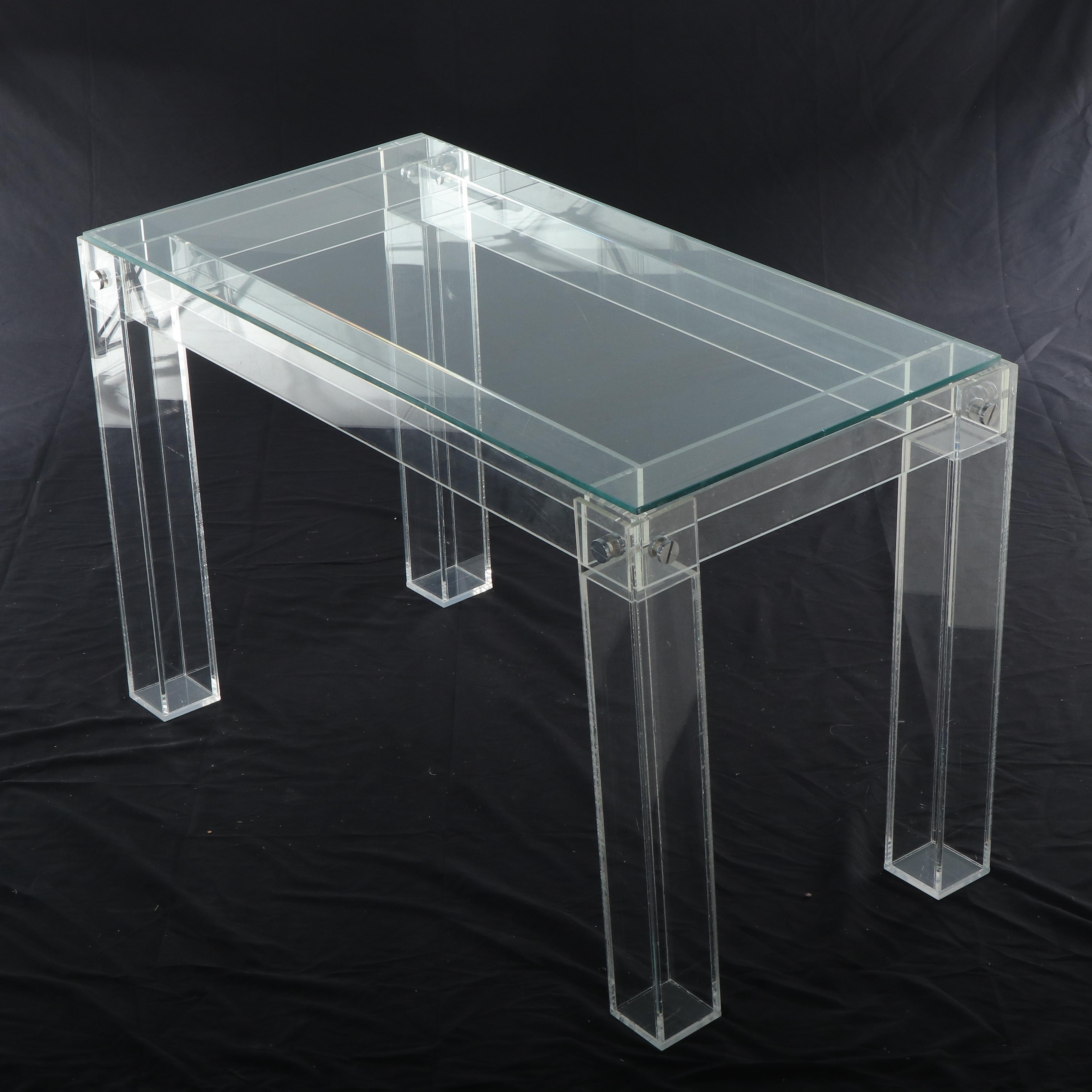 Modernist Acrylic and Glass Top Writing Table with Acrylic Z-Chair