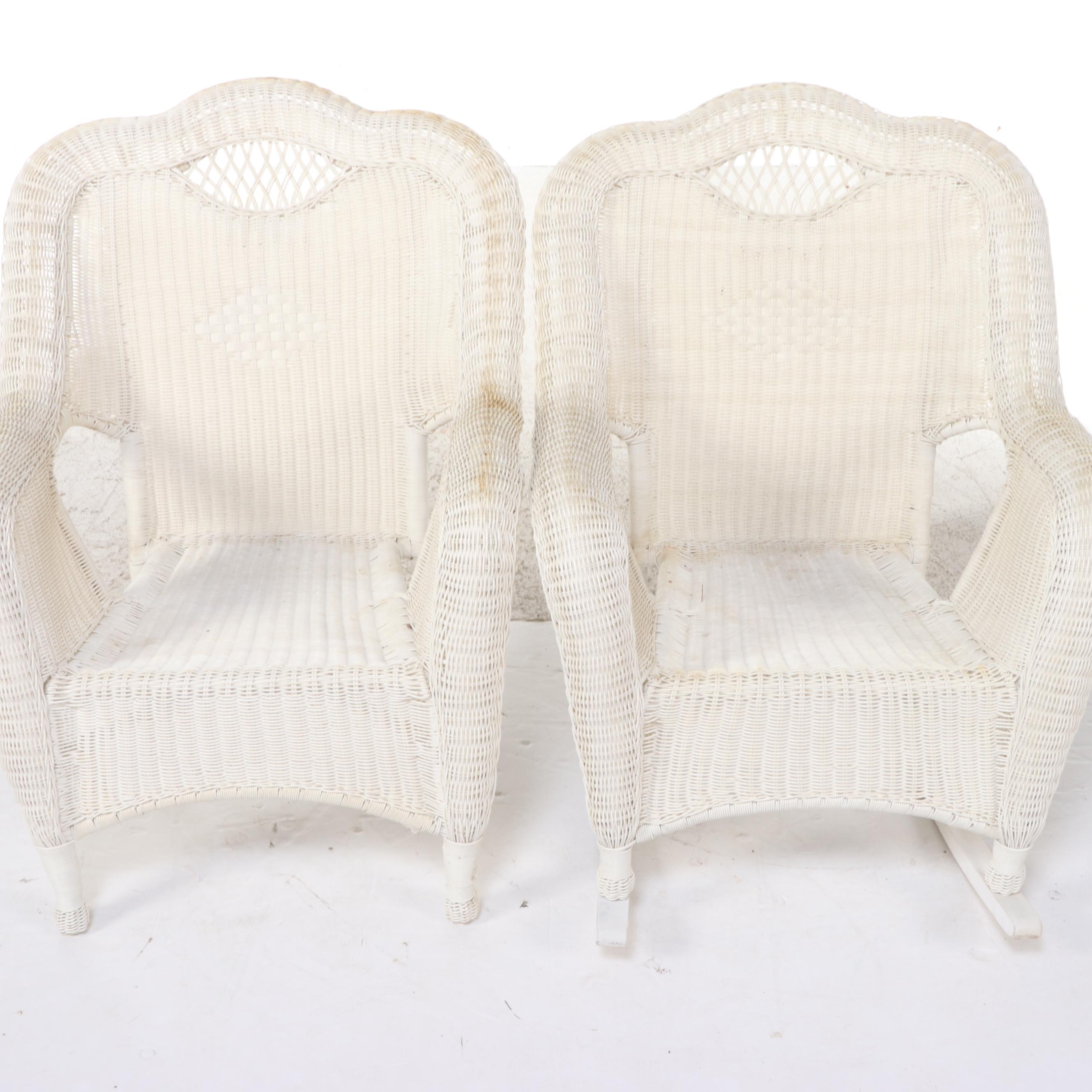 Three-Piece White Resin Wicker Patio Lounge Set, Incl. Rocker, Armchair, & Table