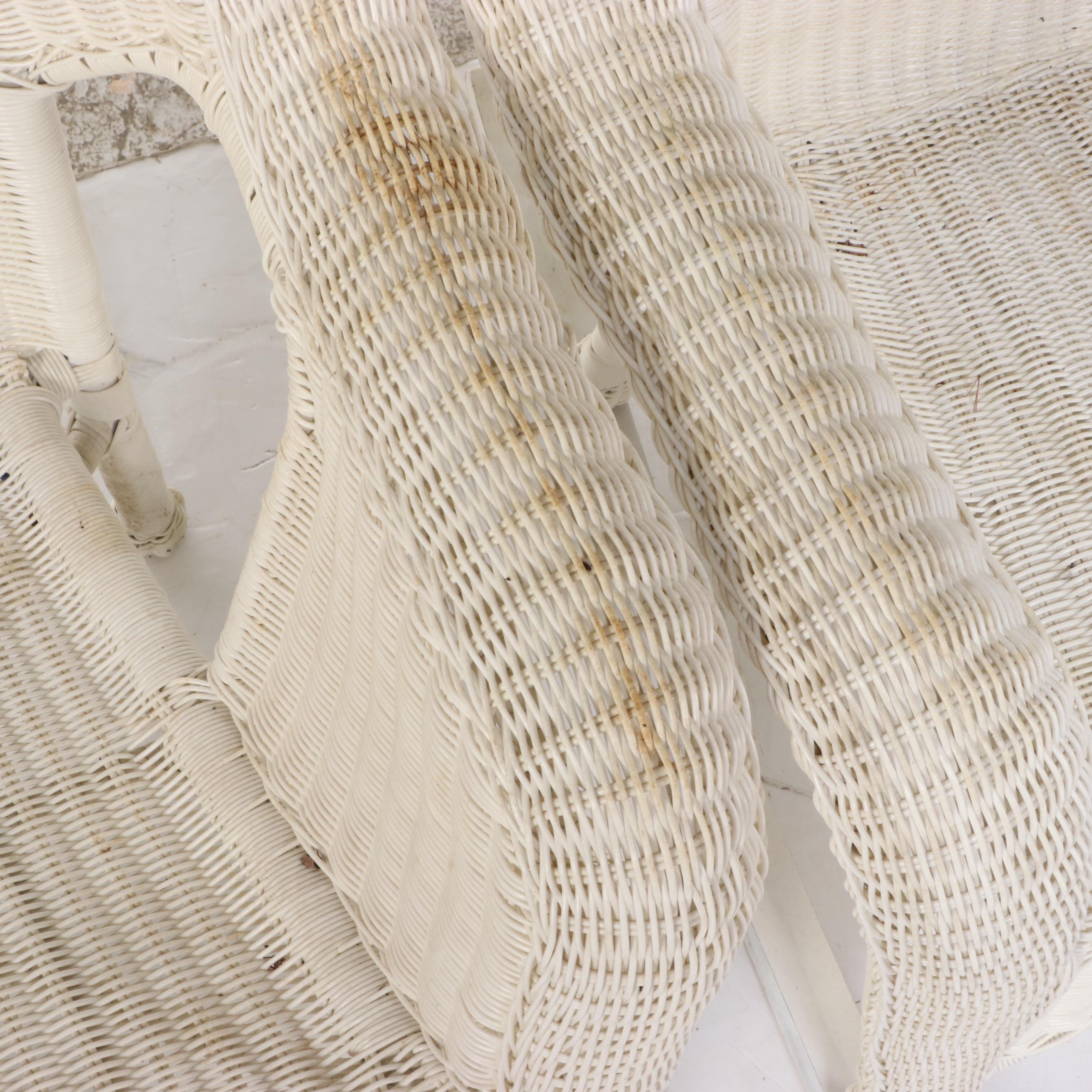 Three-Piece White Resin Wicker Patio Lounge Set, Incl. Rocker, Armchair, & Table