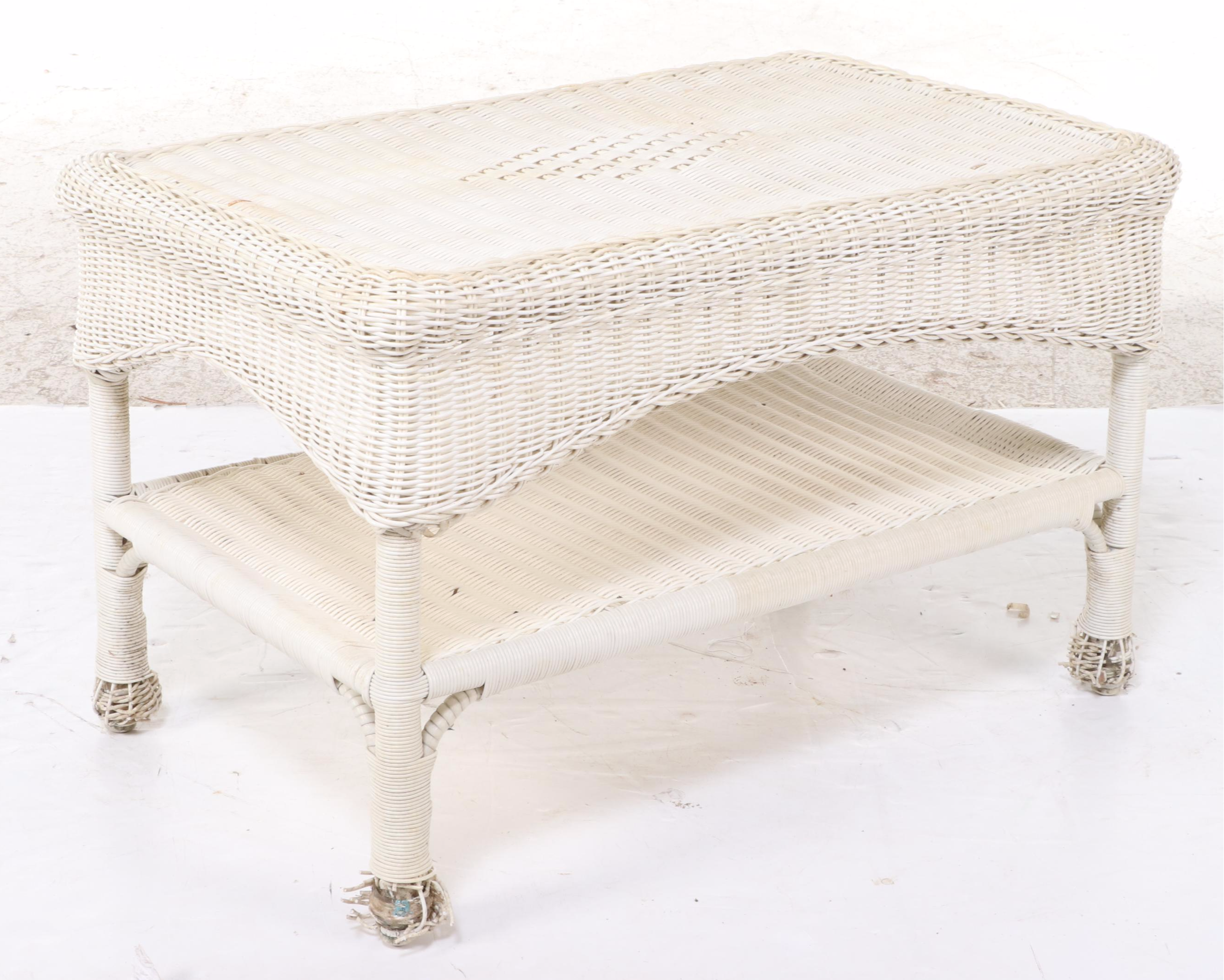 Three-Piece White Resin Wicker Patio Lounge Set, Incl. Rocker, Armchair, & Table