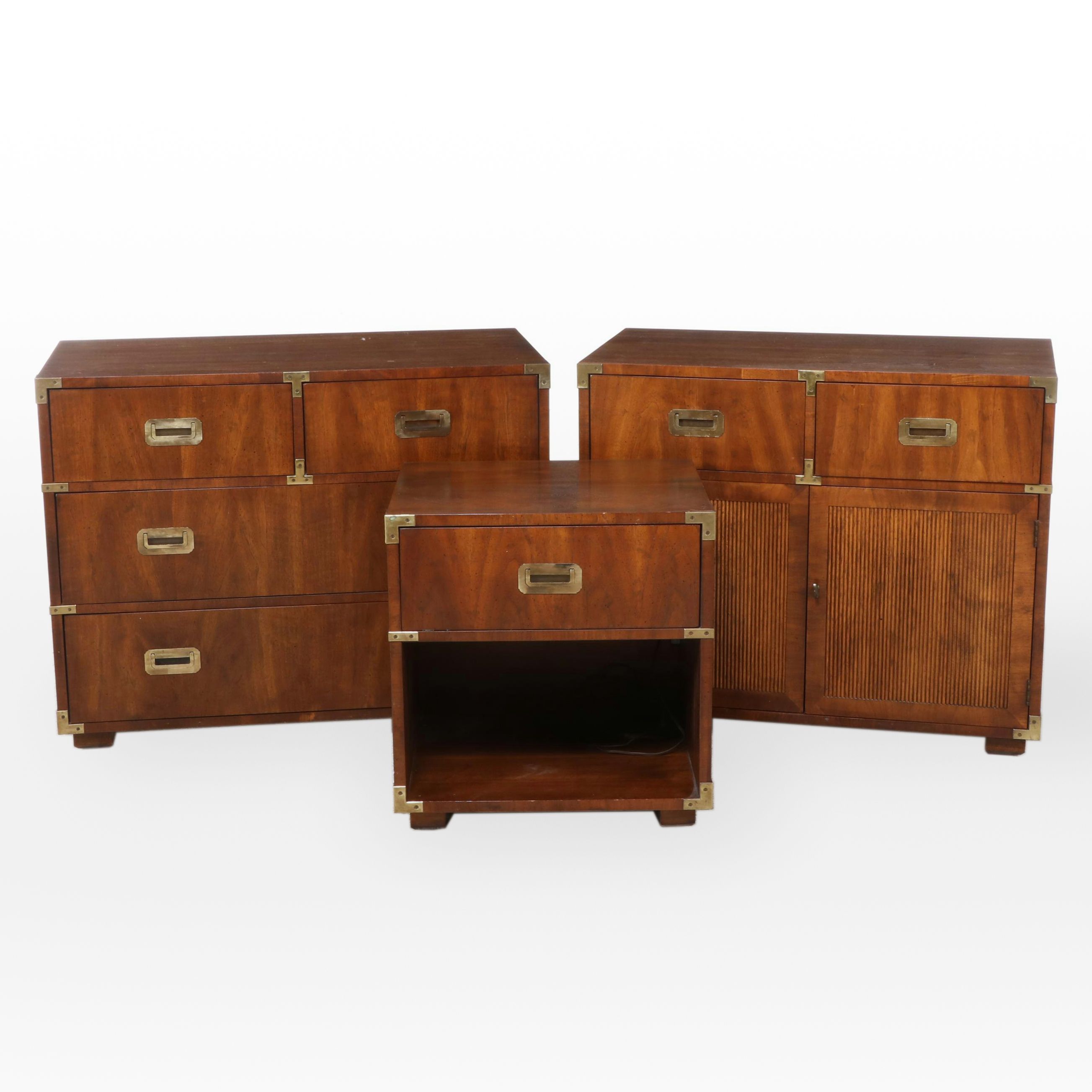 Three-Piece Henredon Campaign Style Brass-Mounted Walnut Bedroom Set