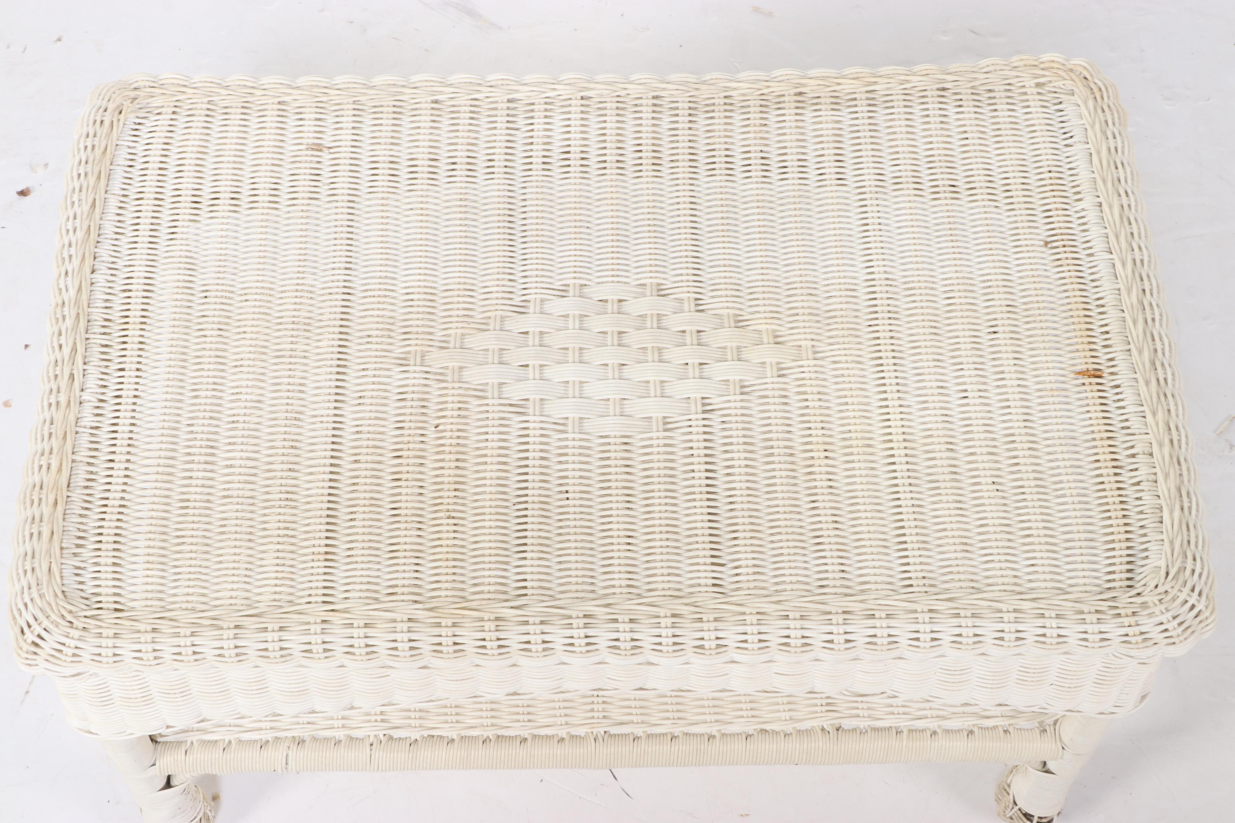 Three-Piece White Resin Wicker Patio Lounge Set, Incl. Rocker, Armchair, & Table