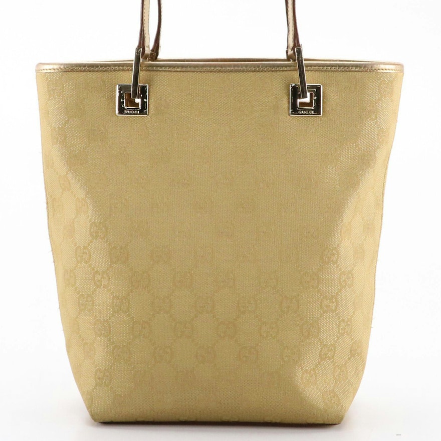 Gucci Tote in Metallic Gold GG Canvas and Leather with Box