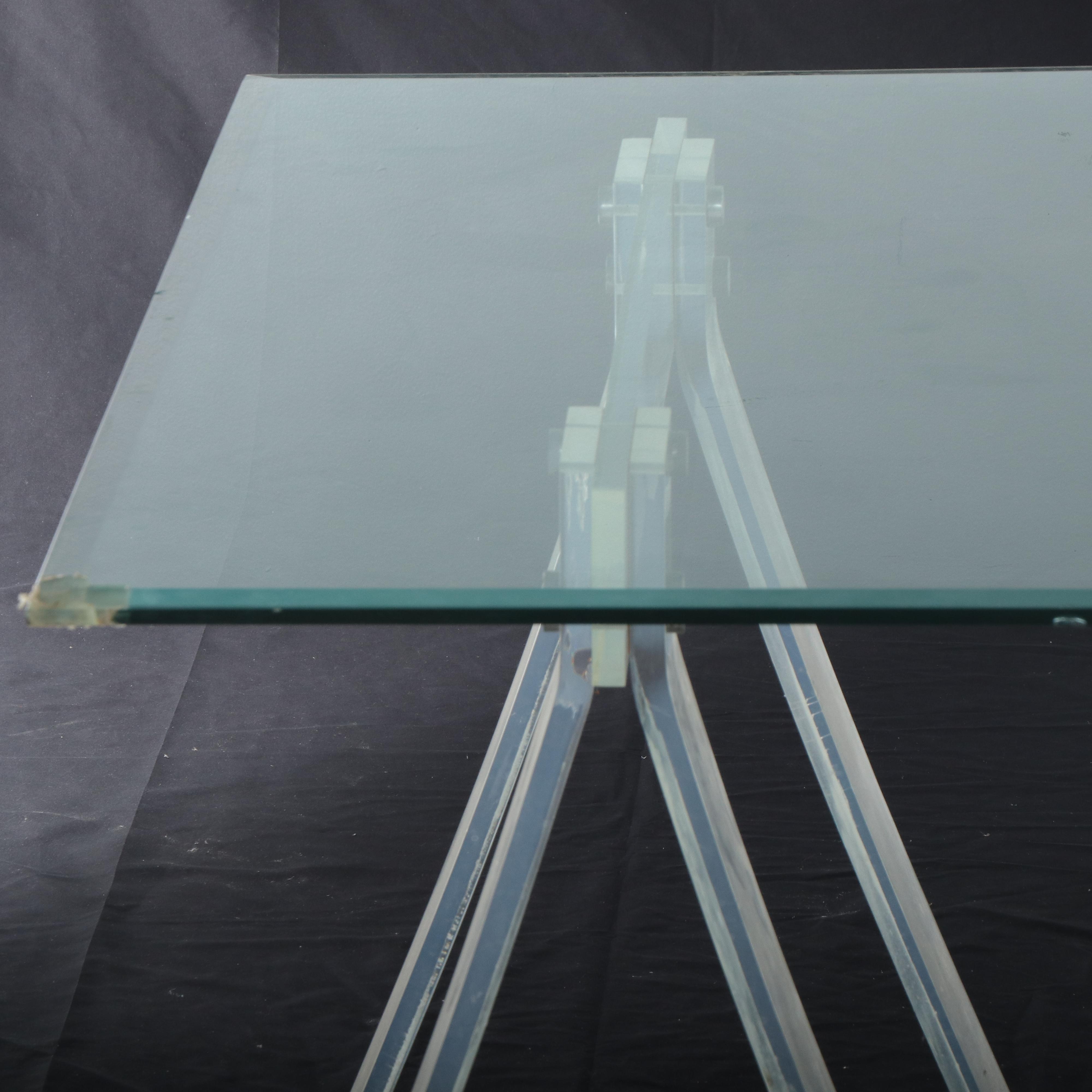 Mid Century Modern Acrylic Sawhorse and Glass Top Dining Table